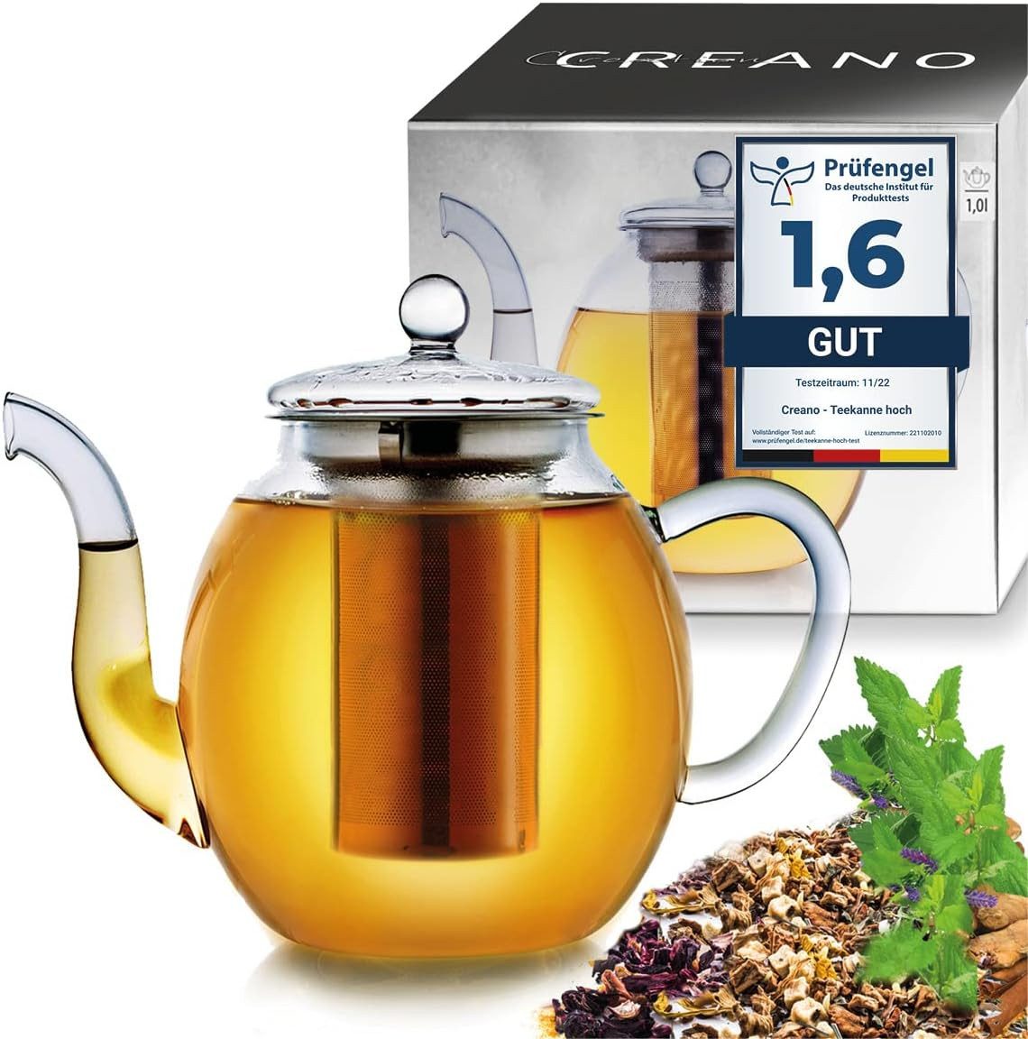 Creano Teekanne Creano Glas-Teekanne High Hoch mit Edelstahl-Sieb und Glas-Deckel, 1 l