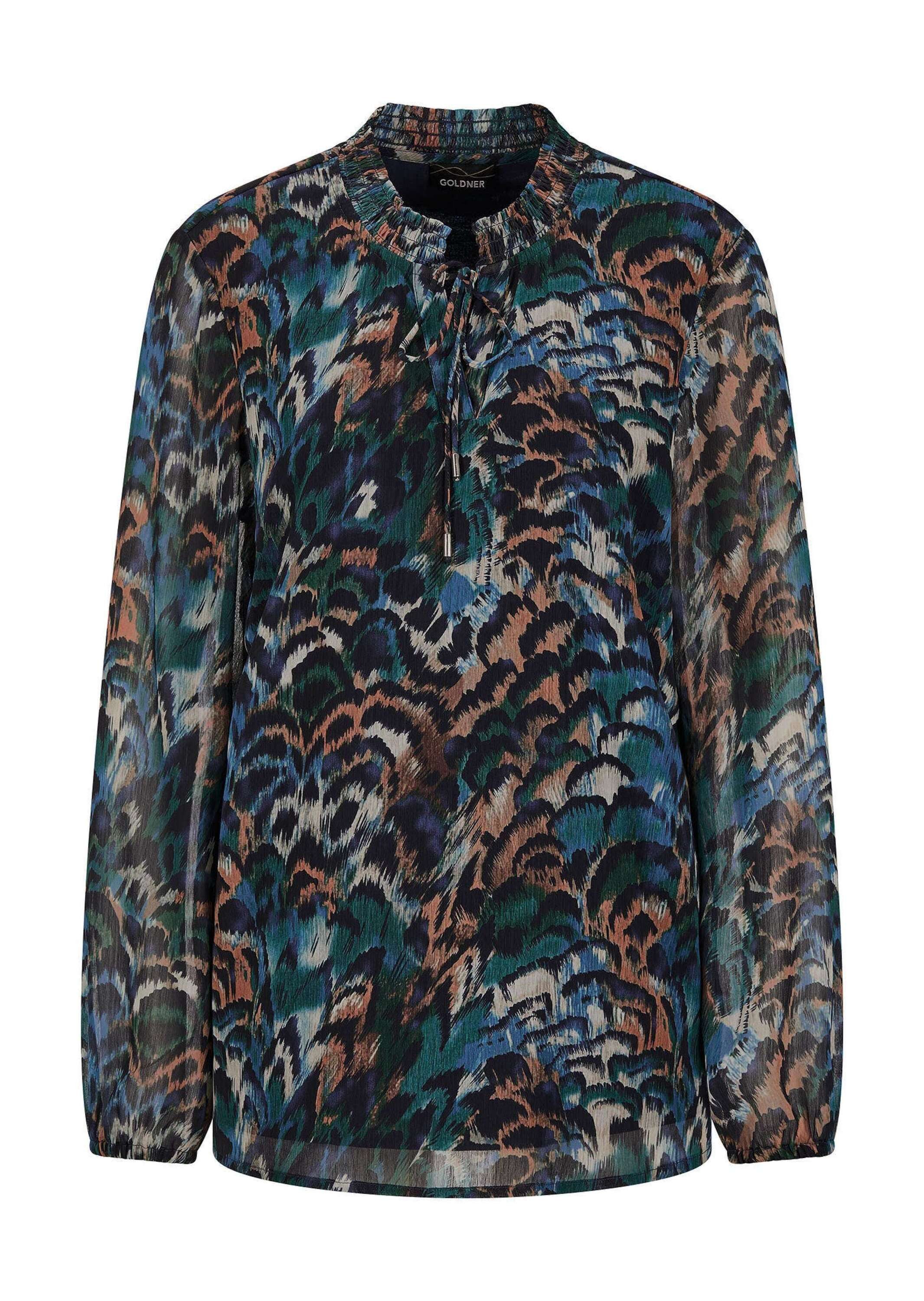 GOLDNER Schlupfbluse Leichte Jersey-Druckbluse, Langarm Schlupfbluse mit gesmoktem Kragen, Bindebändern und Langarm
