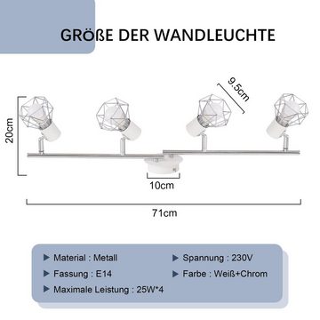 ZMH Deckenstrahler Deckenstrahler 4 Flammig Deckenspots Vintage Retro E14 Industrie, Diamantenform, ohne Leuchtmittel, 350° Metall Innen für Wohnzimmer Kinderzimmer, Weiß