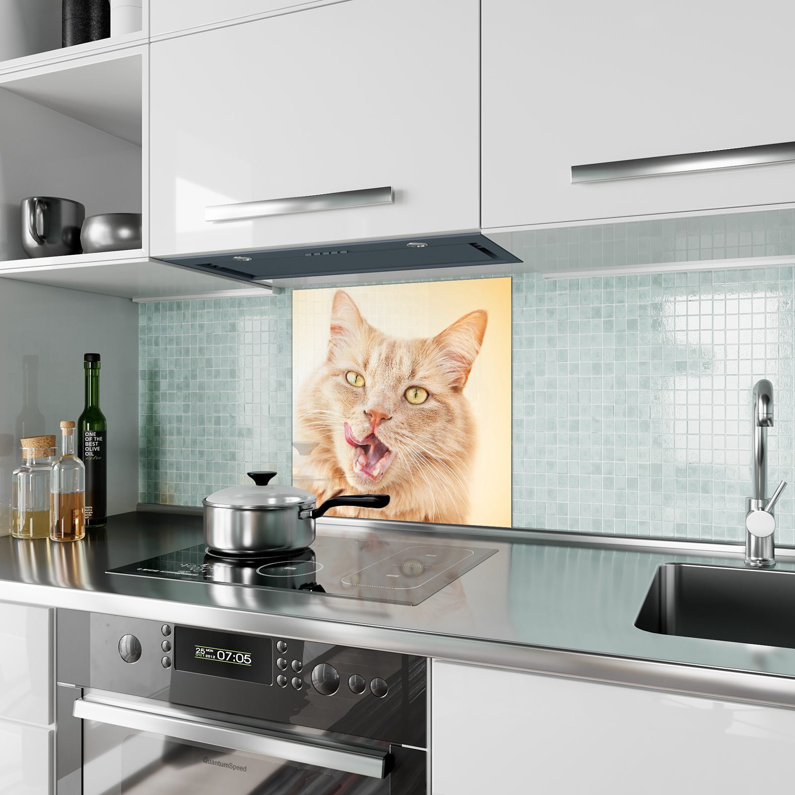 Küchenrückwand Katze Glas Küchenrückwand Spritzschutz leckt mit Motiv seine Primedeco Hiebe