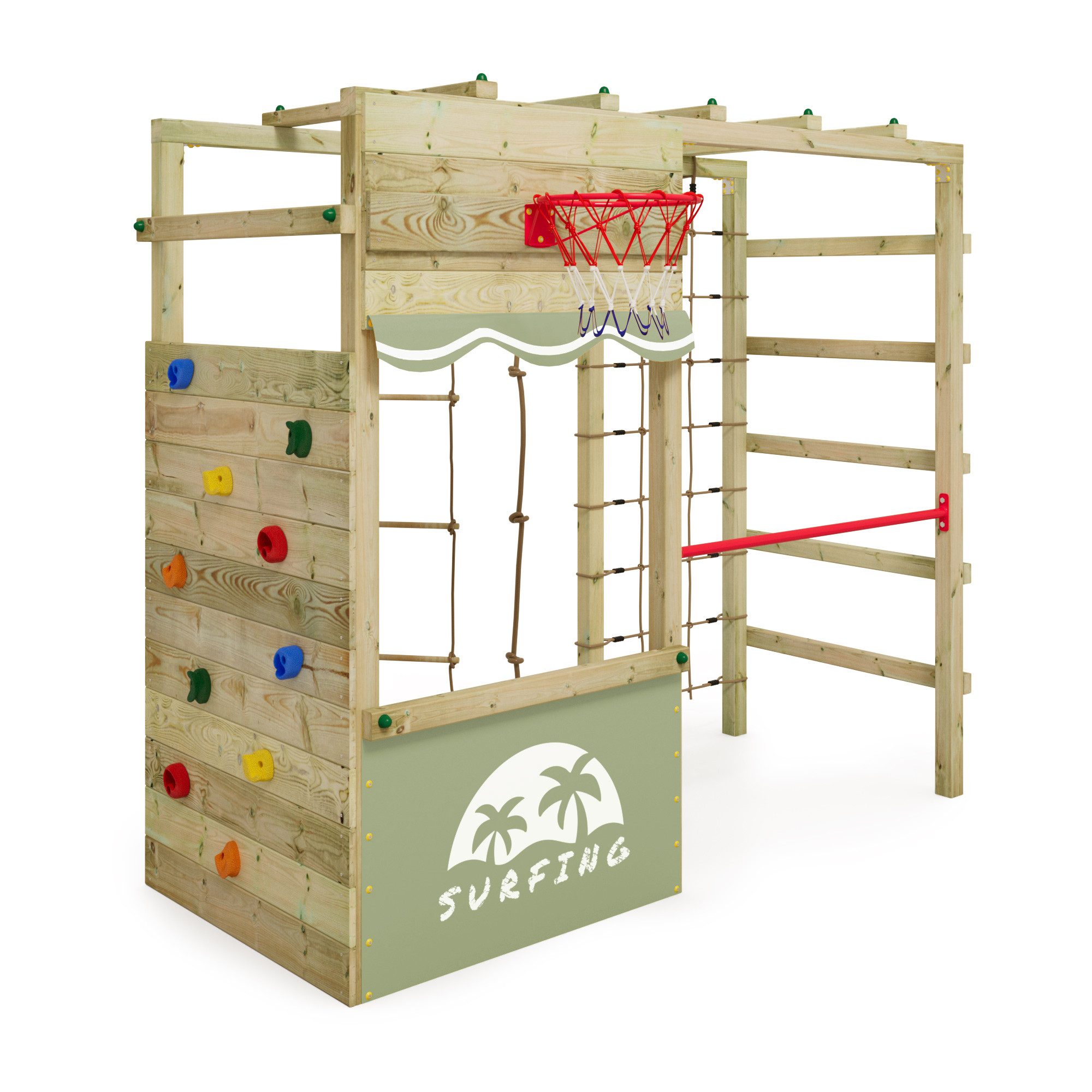 Wickey Klettergerüst Smart Action mit Kletterwand & Hangelbrücke, (Komplettes Outdoor-Klettergerüst mit Kletternetz & Reckstange – fördert Bewegung & Geschicklichkeit!, Holzspielplatz mit vielen Extras – ideal für kreative & aktive Kinder), langlebig & we