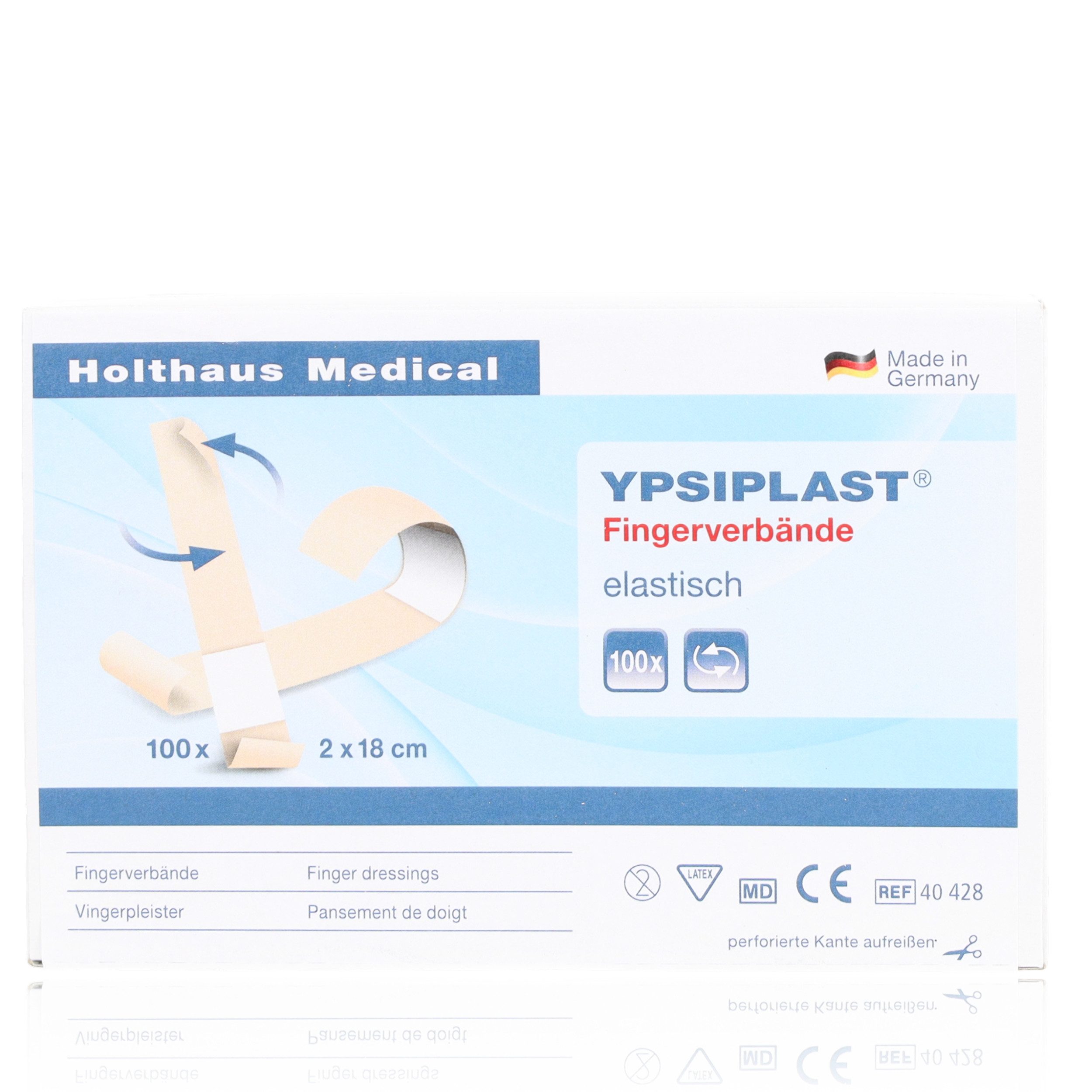 Holthaus Medical Wundpflaster YPSIPLAST Fingerverband elastisch 2x18cm 100Stk (100 St., saugfähige Wundauflage), hohe Klebekraft mit langem Klebeteil