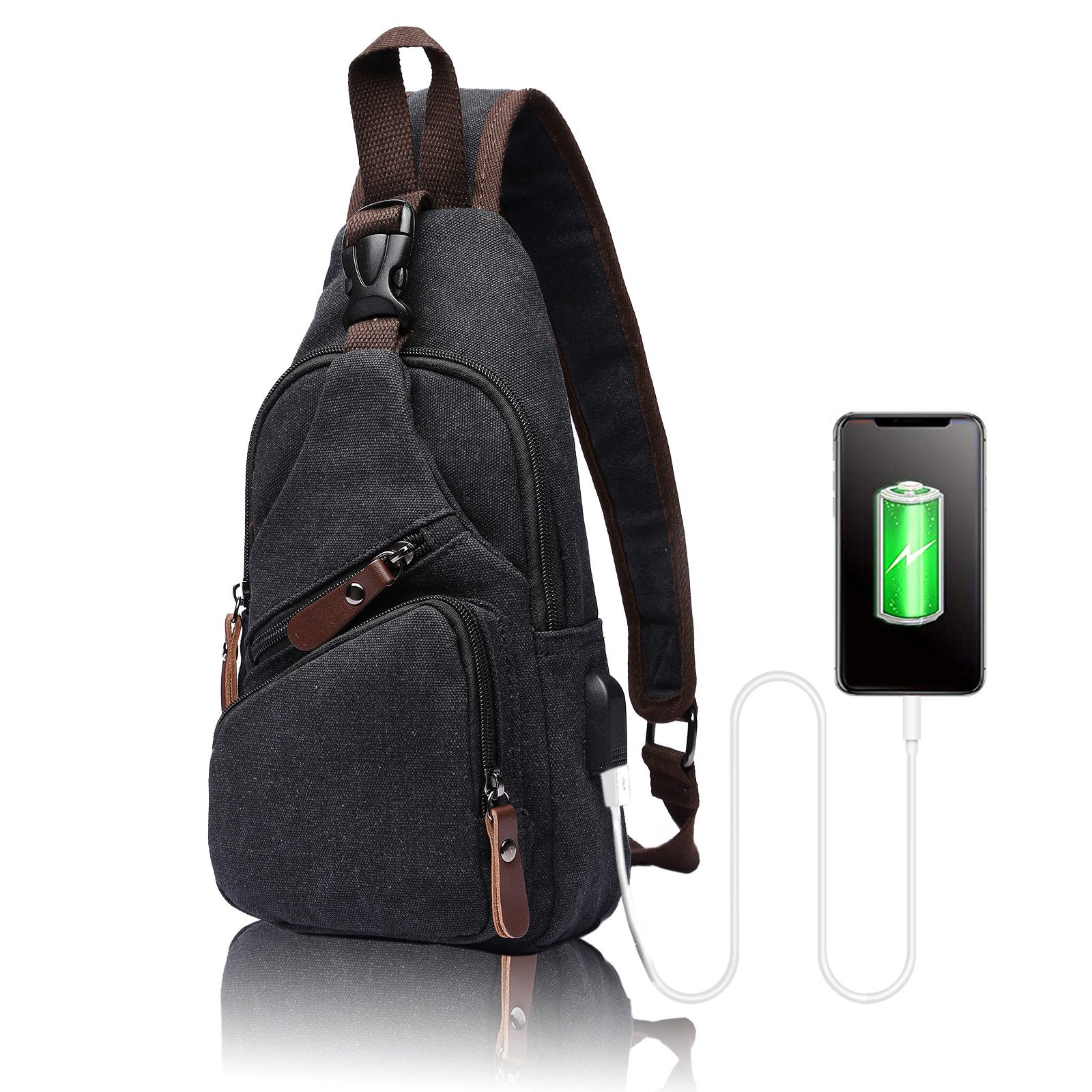 Umhängetasche Brusttasche Herren, Schultertasche Herren und Damen mit USB-Aufladung