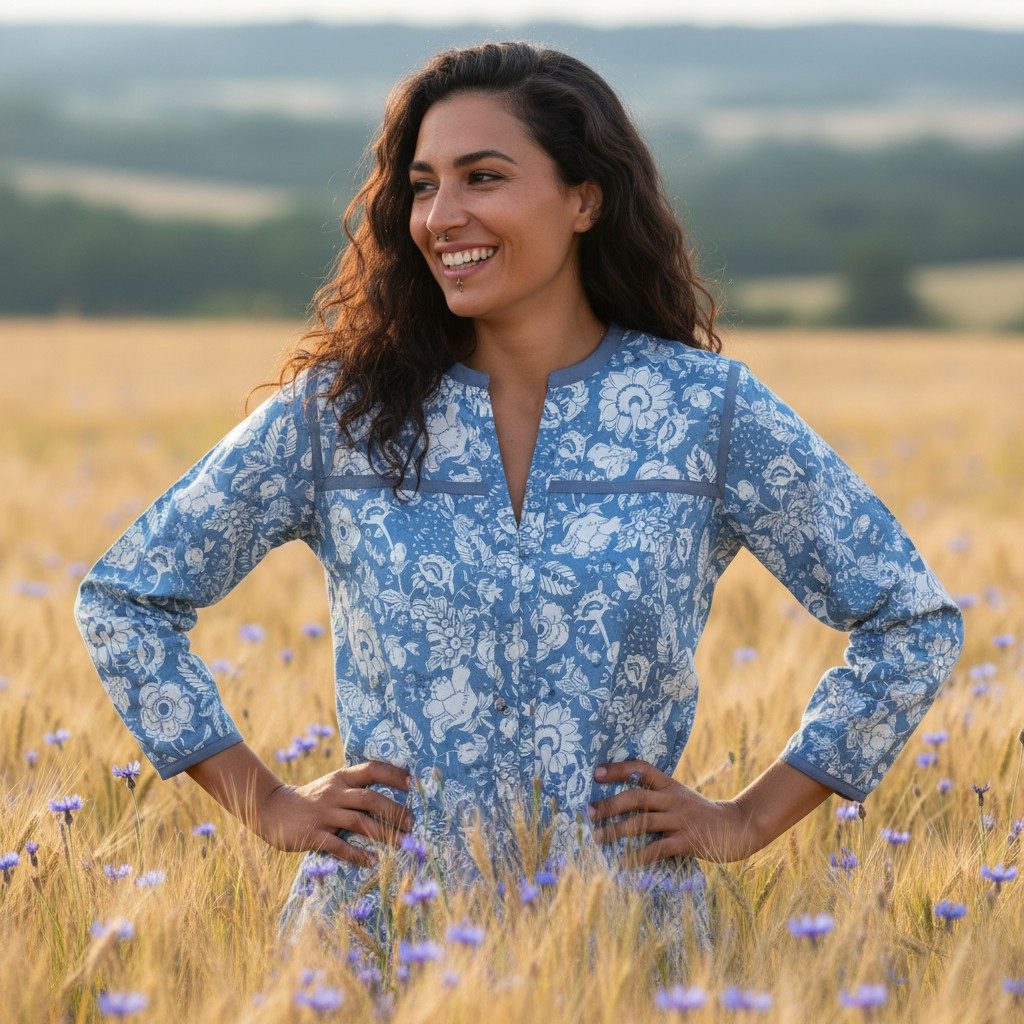 Guru-Shop Longbluse Handbedruckte Bohobluse, luftige Baumwollbluse.. alternative Bekleidung