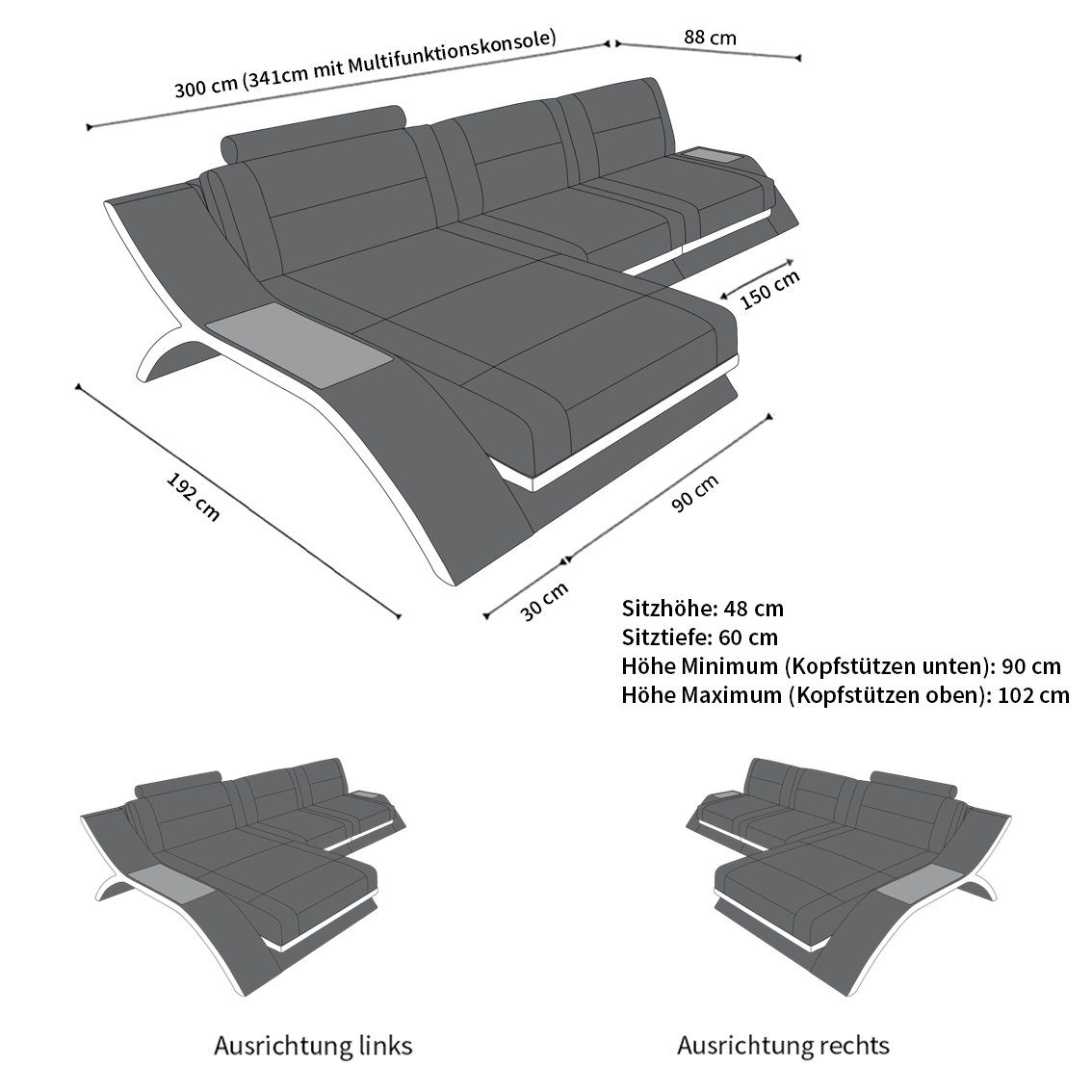Sofa Dreams Ecksofa Grau-Weiss Stauraum, Couch Form USB_Anschluss, C77 Designersofa Stoff L Calabria Stoffsofa, Polster LED, mit Sofa