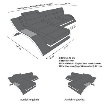 Sofa Dreams Ecksofa Sofa Leder Calabria L Form Ledersofa, Couch, mit LED Beleuchtung, USB Anschluss und Multifunktions-Console