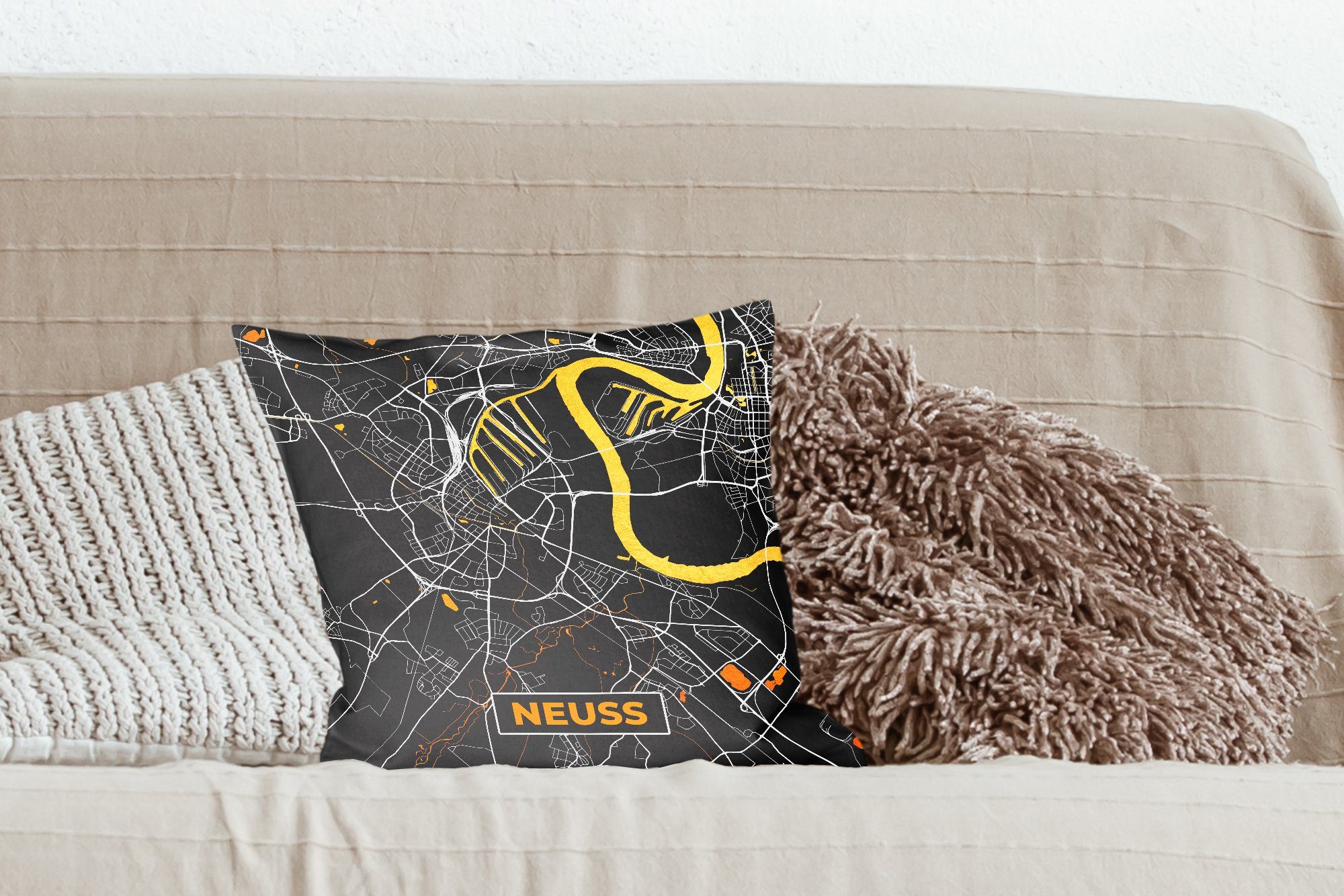 - Schlafzimmer, - Sofakissen Stadtplan - mit Wohzimmer, - für Zierkissen Deko, Deutschland, Karte Gold Dekokissen Neuss Füllung MuchoWow