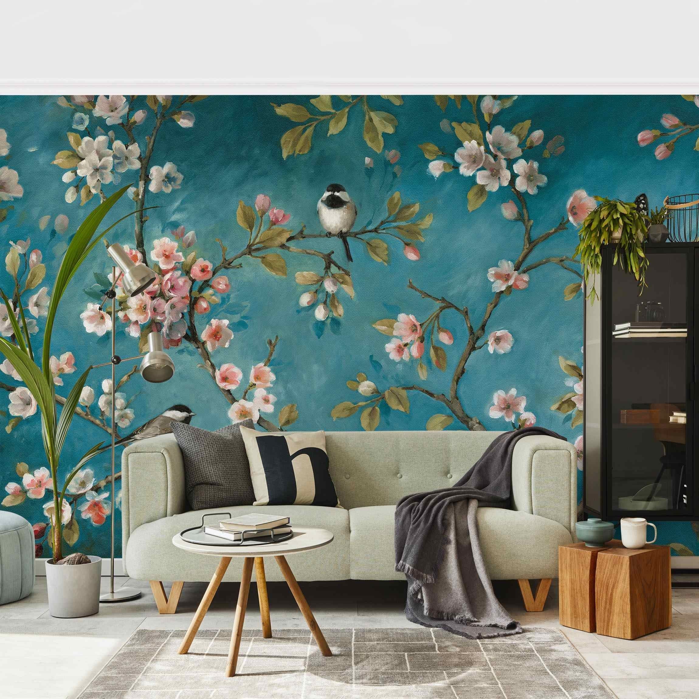 Bilderdepot24 Fototapete Kirschblütenzweige Blumen Floral Kunst Tiere rosa moderne Wanddeko XXL, Glatt, Matt, (Vliestapete inkl. Kleister oder selbstklebend), Wohnzimmer Schlafzimmer Küche Flur Motivtapete Vliestapete Wandtapete