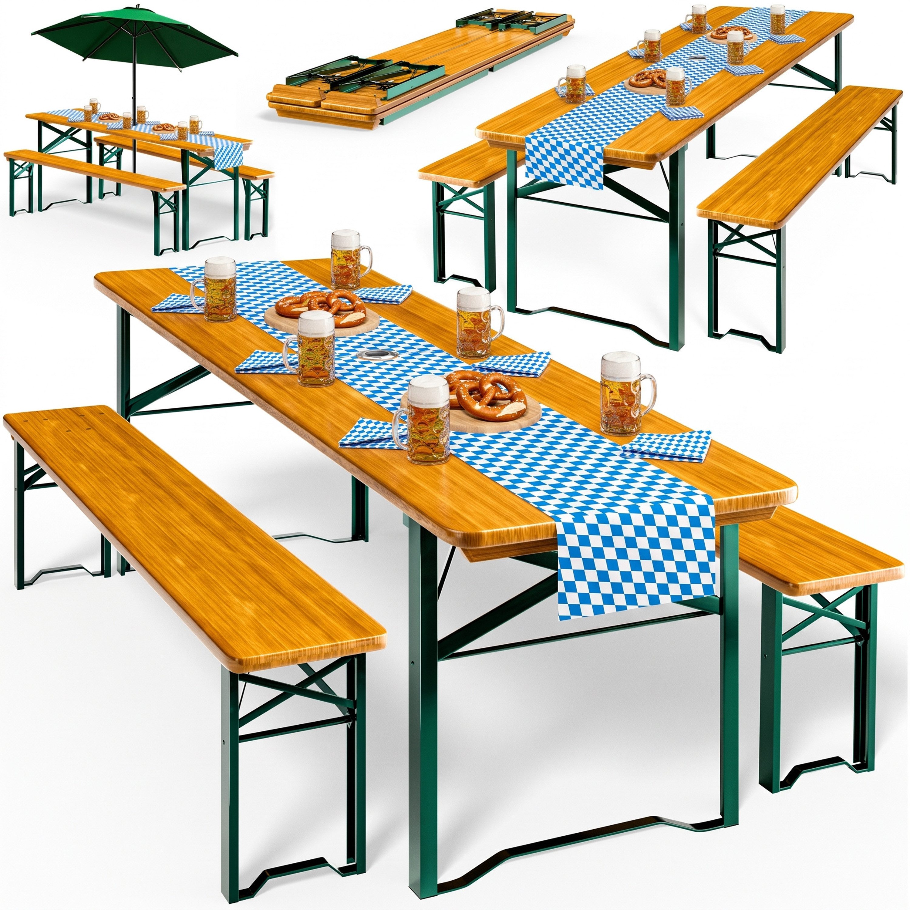 Casaria Bierzeltgarnitur, 4er Set 170cm Klappbar Stabil 3 Teilig 2x Bierbank 1x Tisch Holz