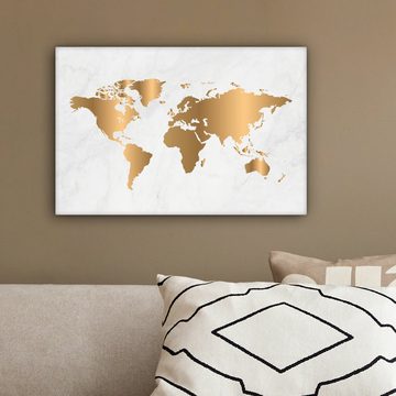 OneMillionCanvasses® Leinwandbild Weltkarte - Gold - Marmoroptik - Luxus - Design, Weltkarte - Gold - Weiß (1 St), Wandbild Leinwandbilder, Aufhängefertig, Wanddeko, 30x20 cm
