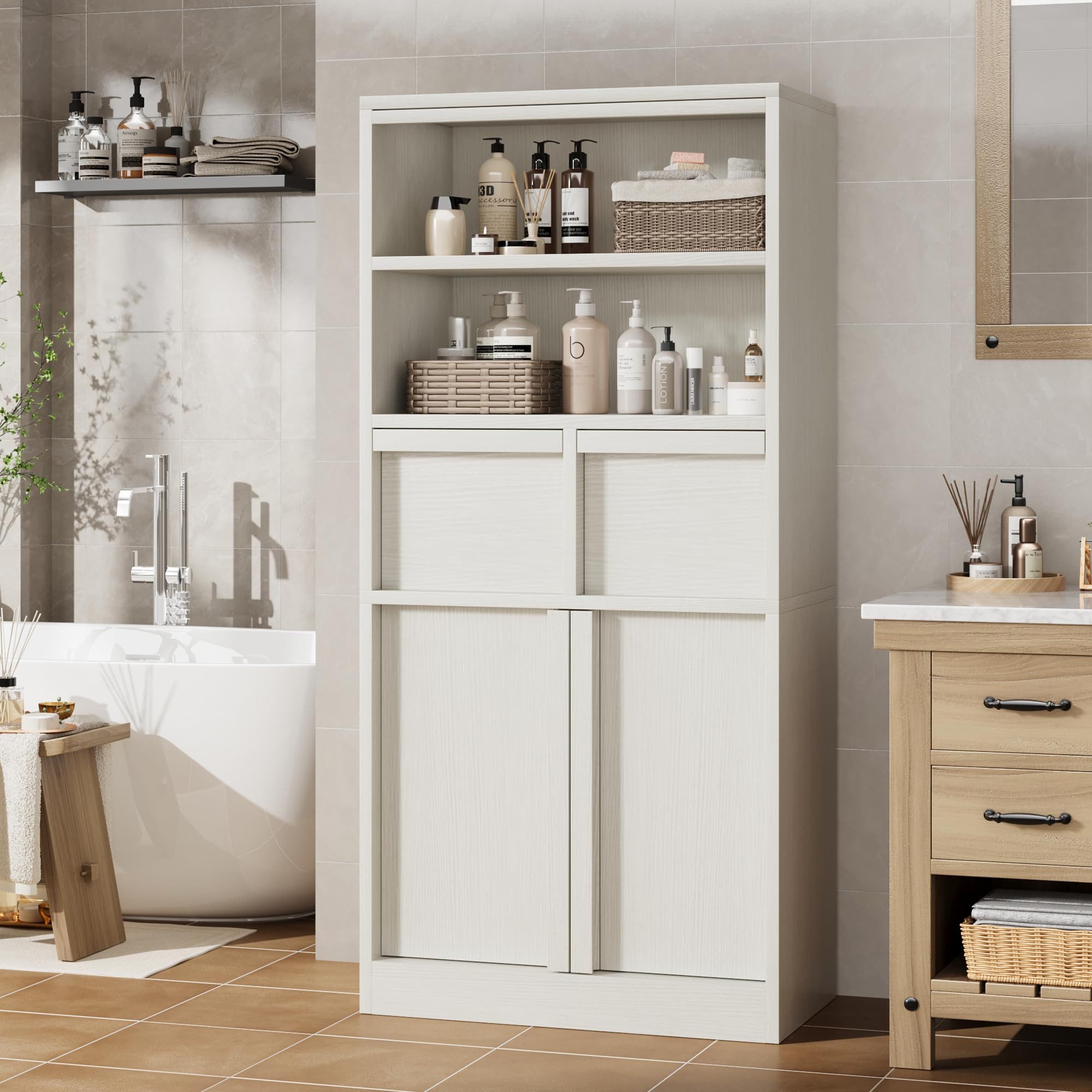 GarveeMore Badkommode Badezimmerschrank Badschrank mit 2 Schubladen 60x30x130