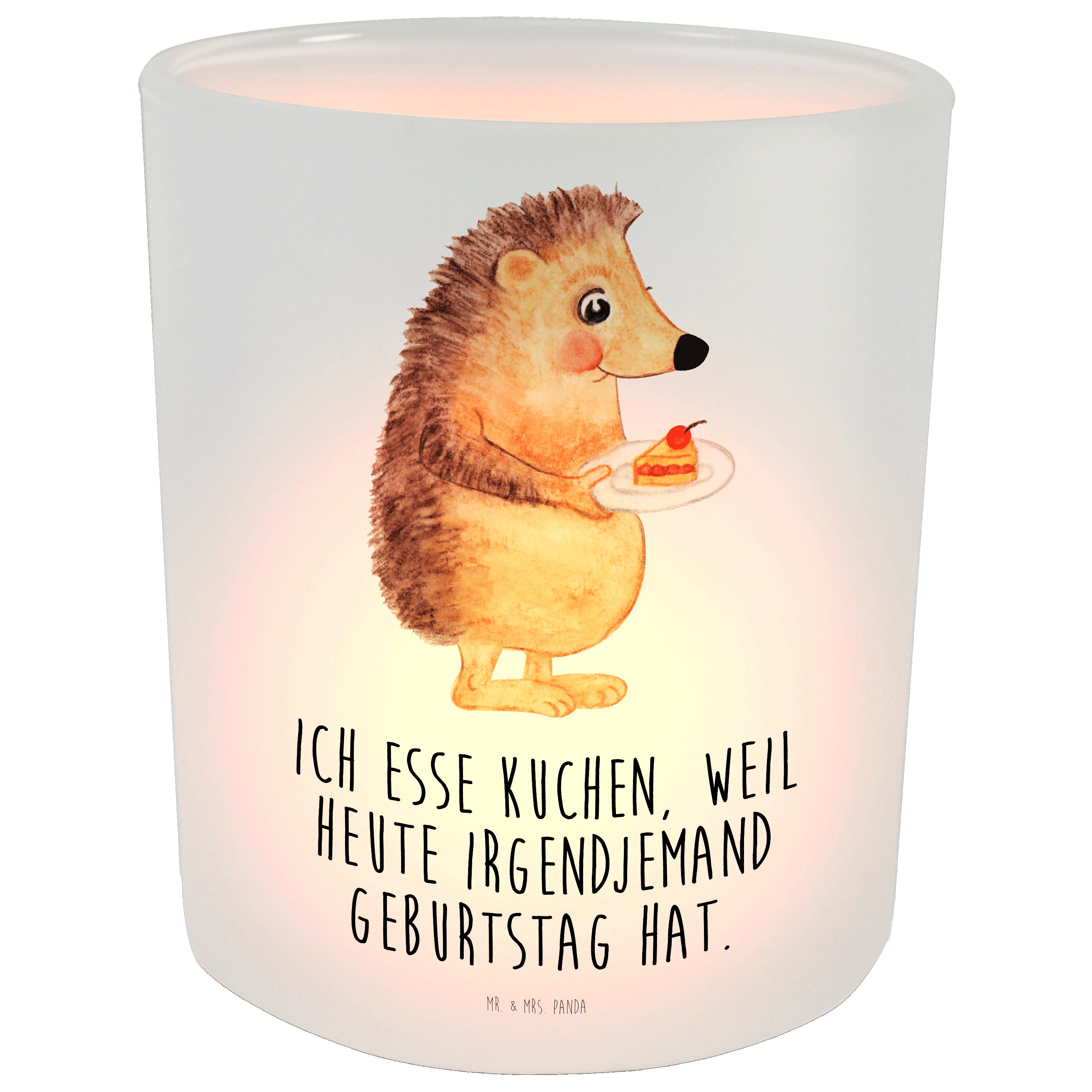 Mr. & Mrs. Panda Windlicht Igel mit Kuchenstück - Transparent - Geschenk, Tiermotive, Kerzenglas (1 St)