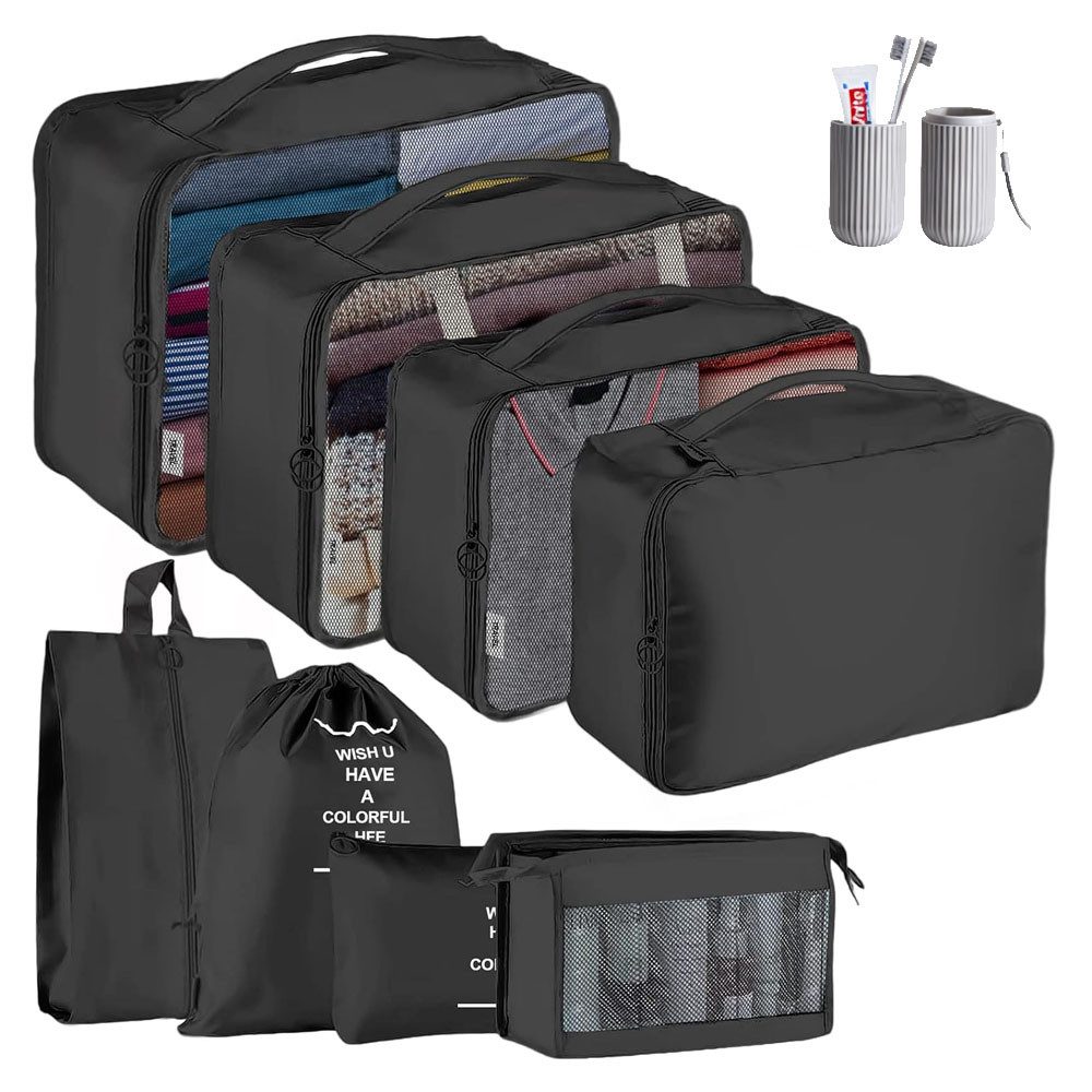 TUWENA Kofferorganizer Koffer Organizer Set 9-teilig, Reise Kleidertaschen mit Waschbecher, Verpackungswürfel mit Kosmetiktasche, Schuhbeutel, Cubes, Reisezubehör