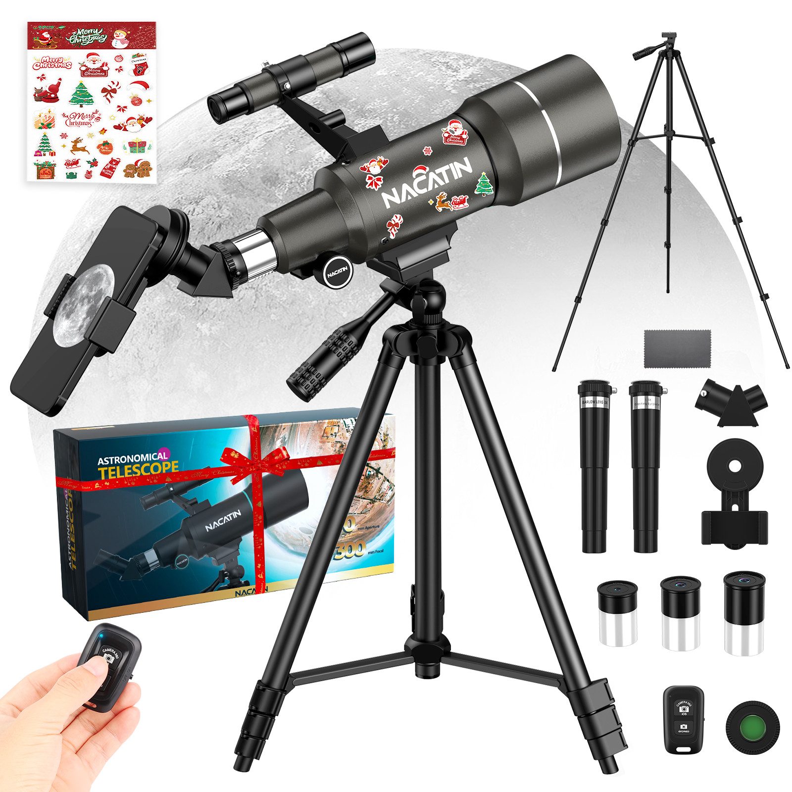 NACATIN Teleskop Kinder & Einsteiger Refraktor-Teleskop 70mm/300mm Tubuslänge, mit Stativ, 15X-150X, Handy-Adapter