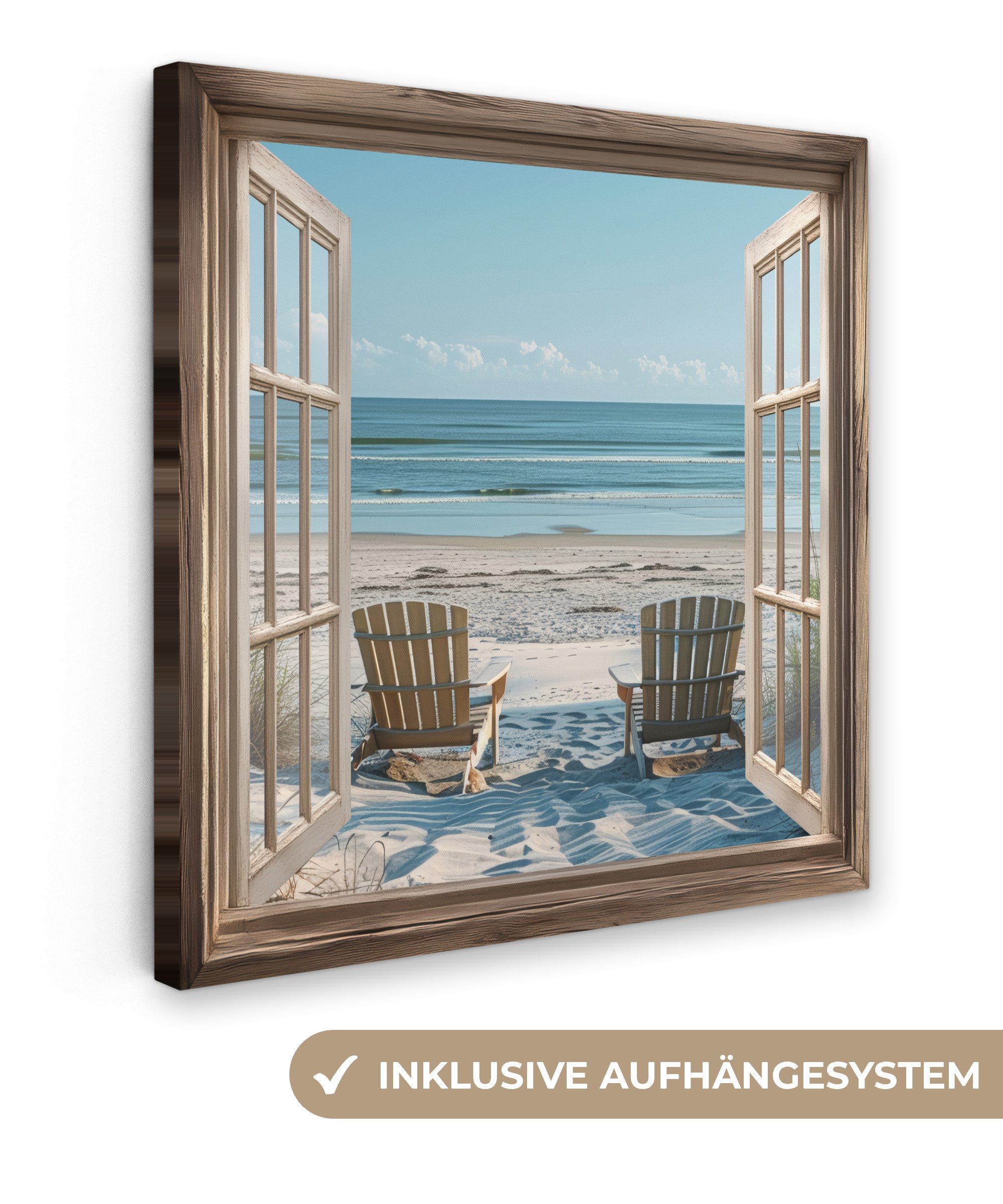 OneMillionCanvasses® Leinwandbild Fensterblick - Fenster - Strandkörbe - Dü günstig online kaufen