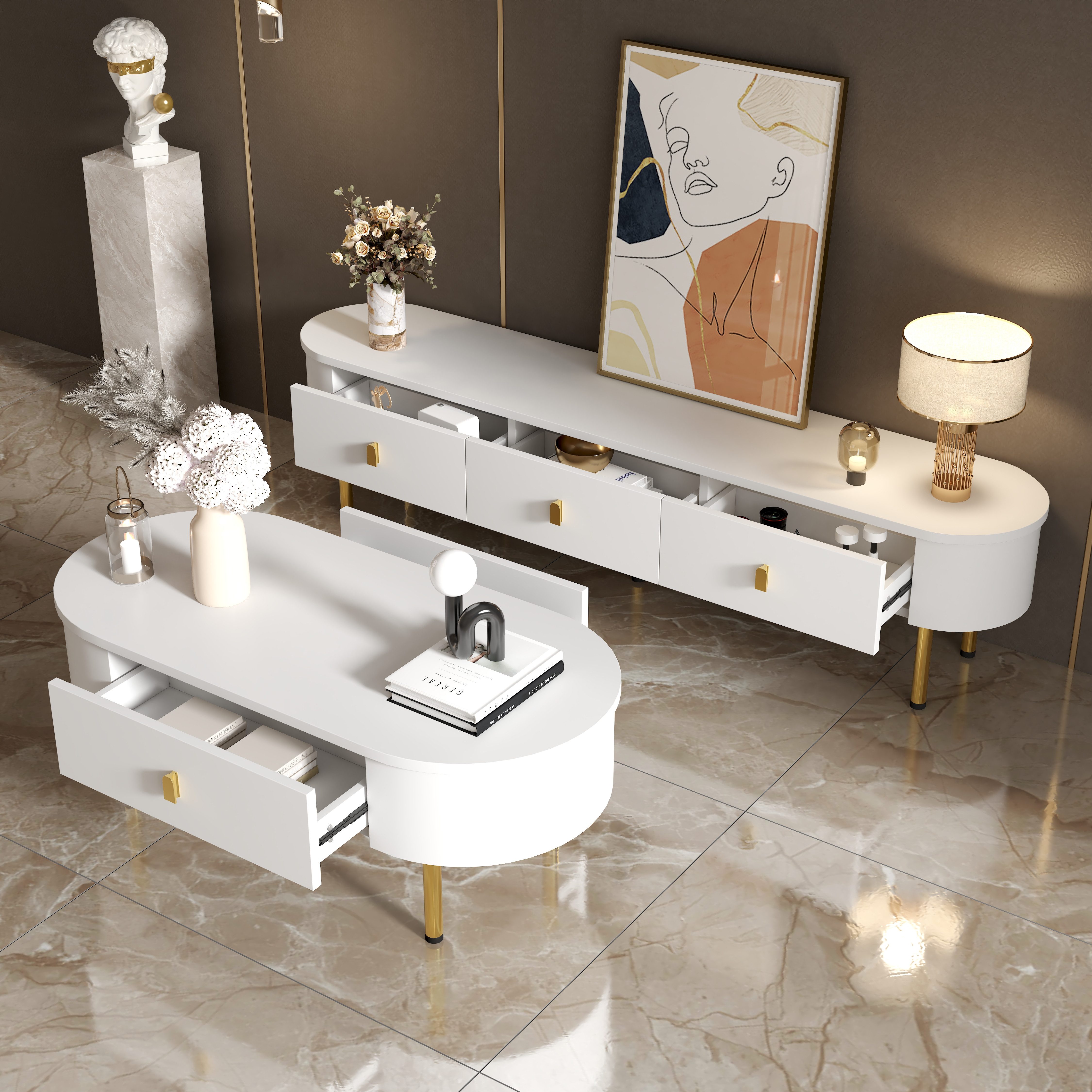 MODFU Wohnzimmer-Set aus massivem MDF, (Weiß und Gold, 2-St., geschwungenen Kanten), mit goldenen Griffen und Beinen