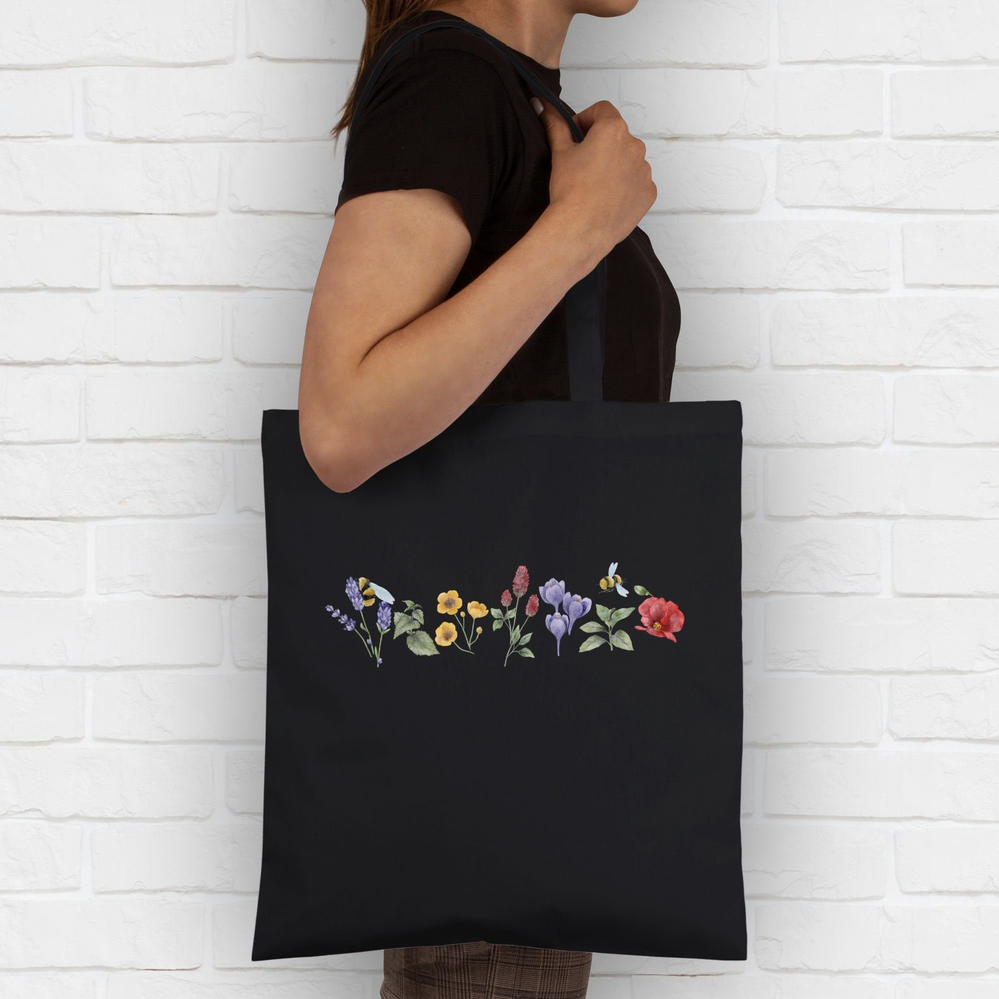 Tasche Aquarell, Schwarz Bohemian Umhängetasche Shirtracer Style Wiese 1 Blumen Watercolor