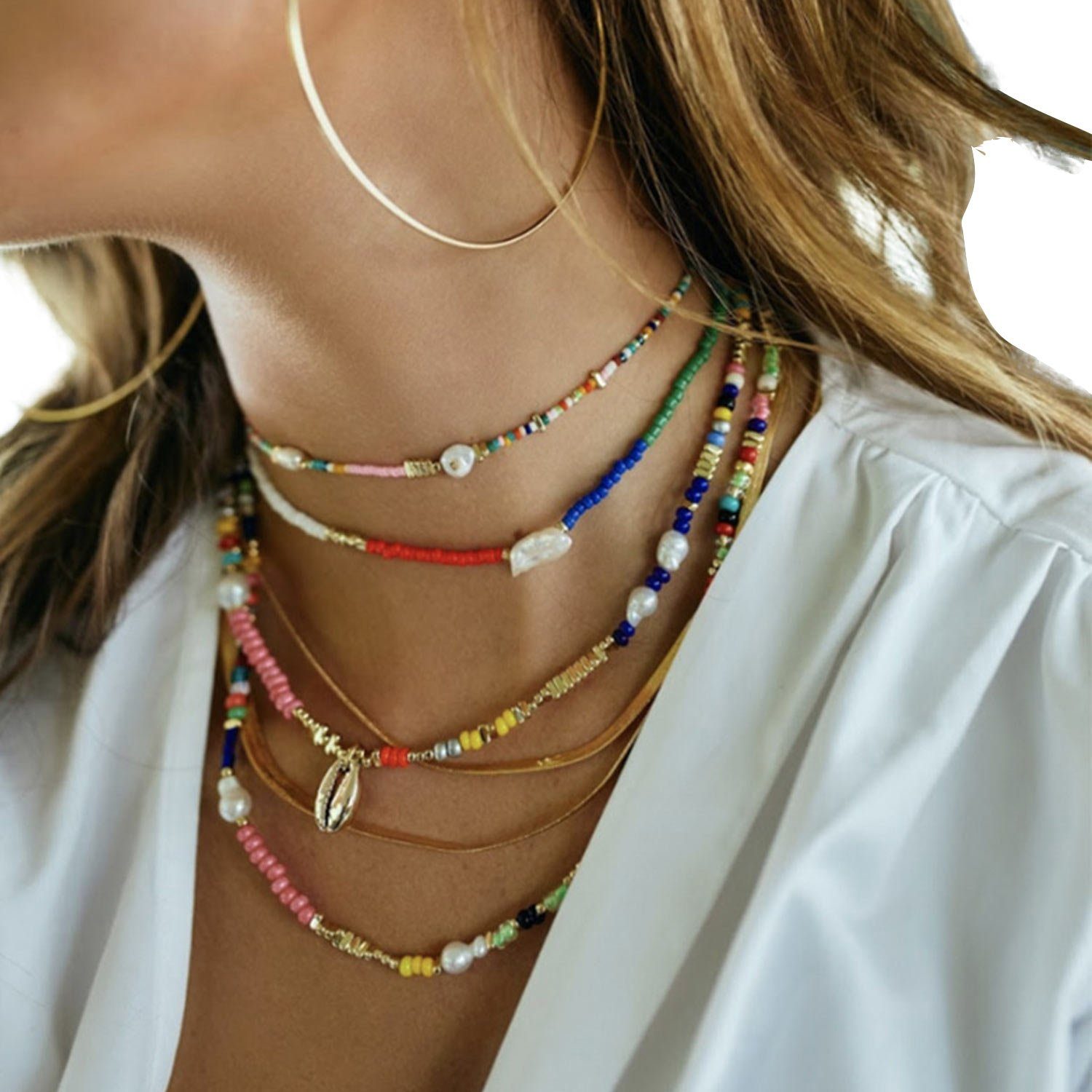 MAGICSHE Perlenkette Süßwasserperlen Layered vergoldet 18K Frauen, Halsketten 4 Edelstahl Halskette Halskette bunte aus für