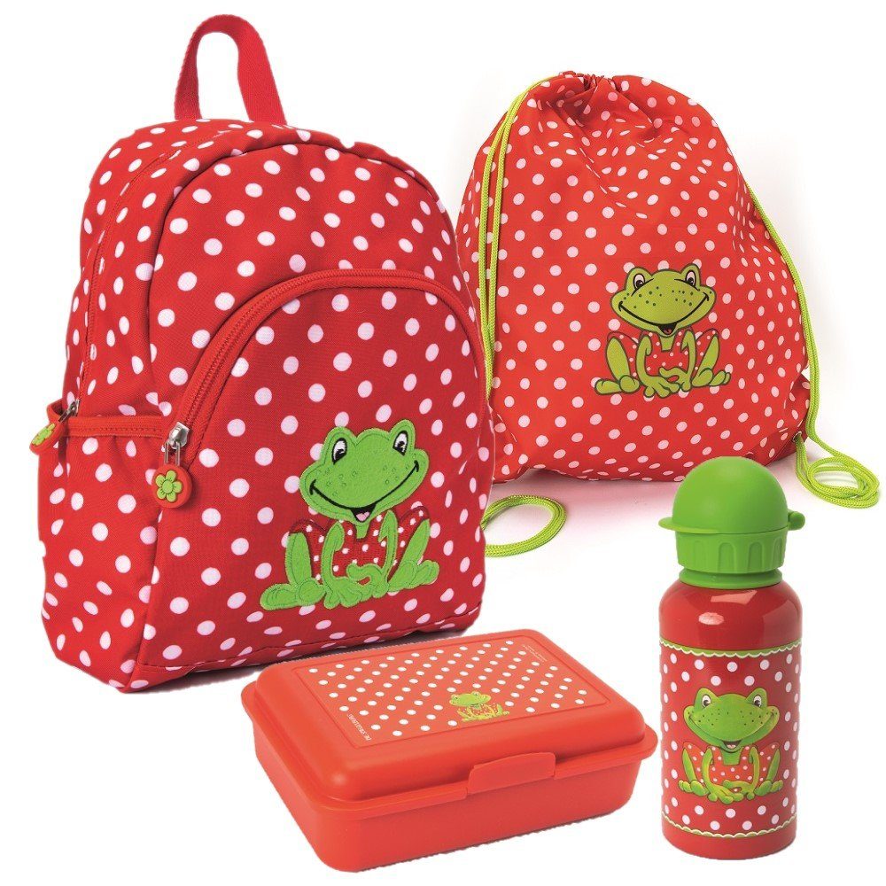 COPPENRATH DIE SPIEGELBURG Kindergartentasche Garden Kids Fröhliche Tupfen (Set, 4-tlg., inkl. Turnbeutel, Brotdose und Trinkflasche), Rucksack-Set in Rot mit weißen Tupfen und Frosch-Motiv