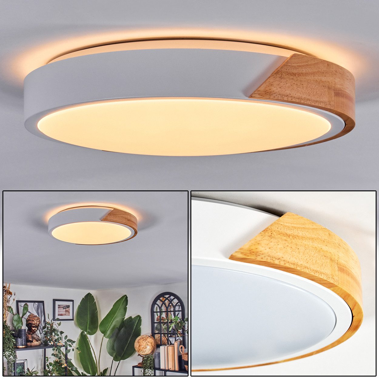 hofstein Deckenleuchte Deckenlampe aus Metall/Holz/Kunststoff in Schwarz/Natur/Weiß, ohne Leuchtmittel, 3000 Kelvin, Leuchte im modernen Design, (29,5cm), 16 W, 1700 Lumen, 3000 Kelvin