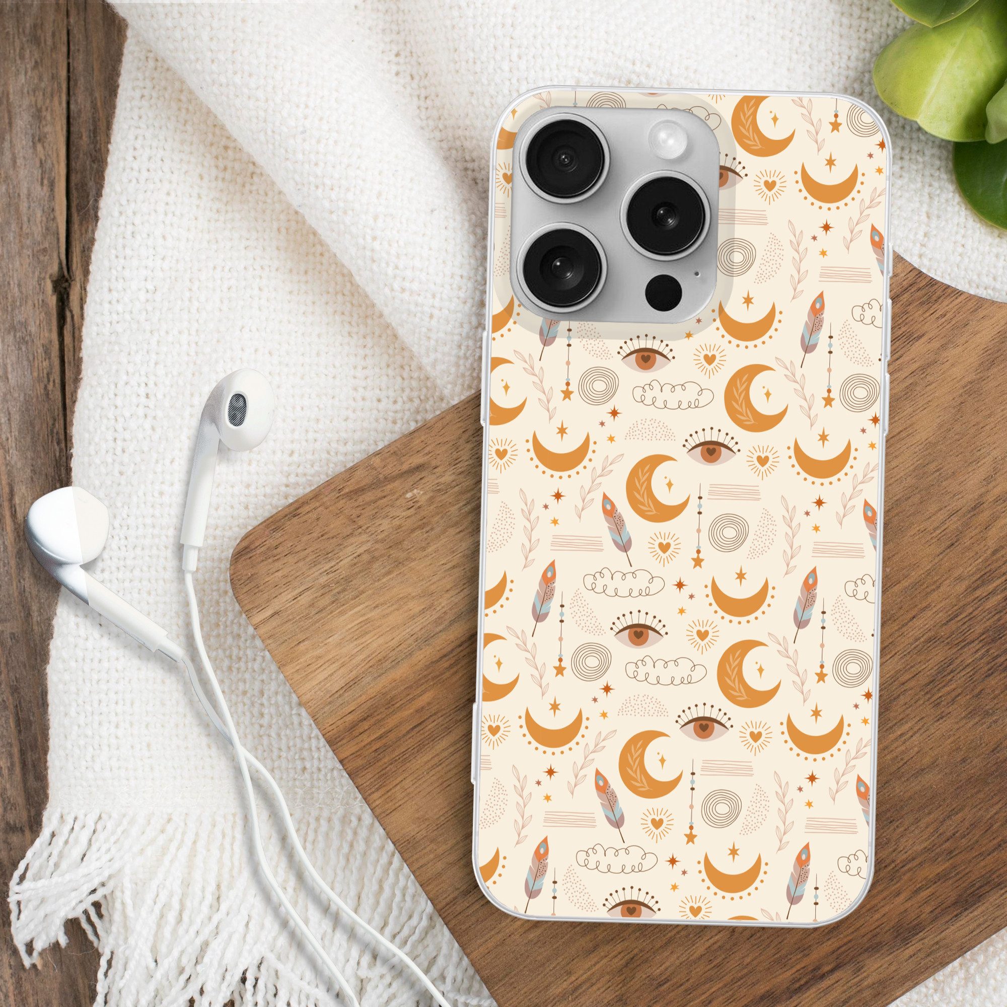 MuchoWow Handyhülle für Apple iPhone 16 Pro Boho - Druck - Augen - Mond - Federn - Beige, Smartphone-Bumper, Print, Handy Schutzhülle Dünn
