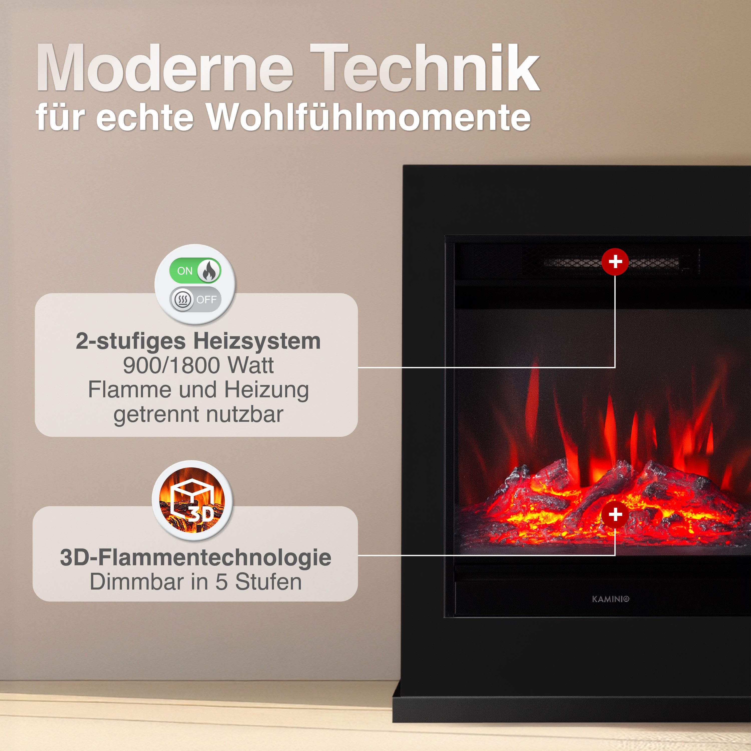 KAMINIO Elektrokamin KALLE, Elektrischer Kamin mit 3D-Flammeneffekt, Heizung 1800W