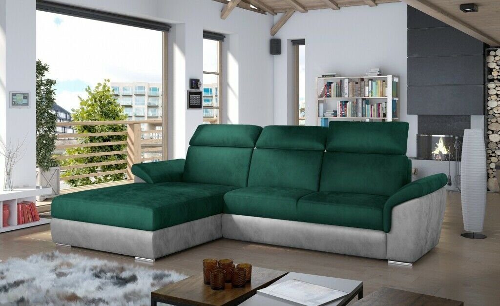 JVmoebel Ecksofa Graues L-Form Sofa Mit Bettfunktion Luxus Designer Ecksofa Eckcouch, Made in Europe Grün/Weiß