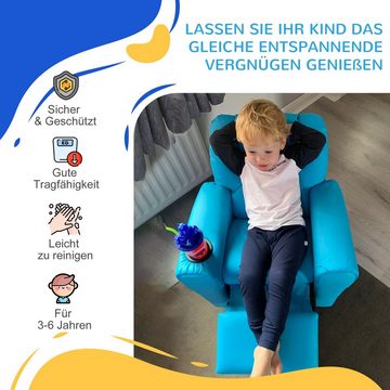 HOMCOM Sessel Kindersessel, Liegefunktion, Eingebauten Becherhalter, Blau (Set, 1-St., Kindersofa für 3-6 Jahre alt), 62B x 52T x 69H cm