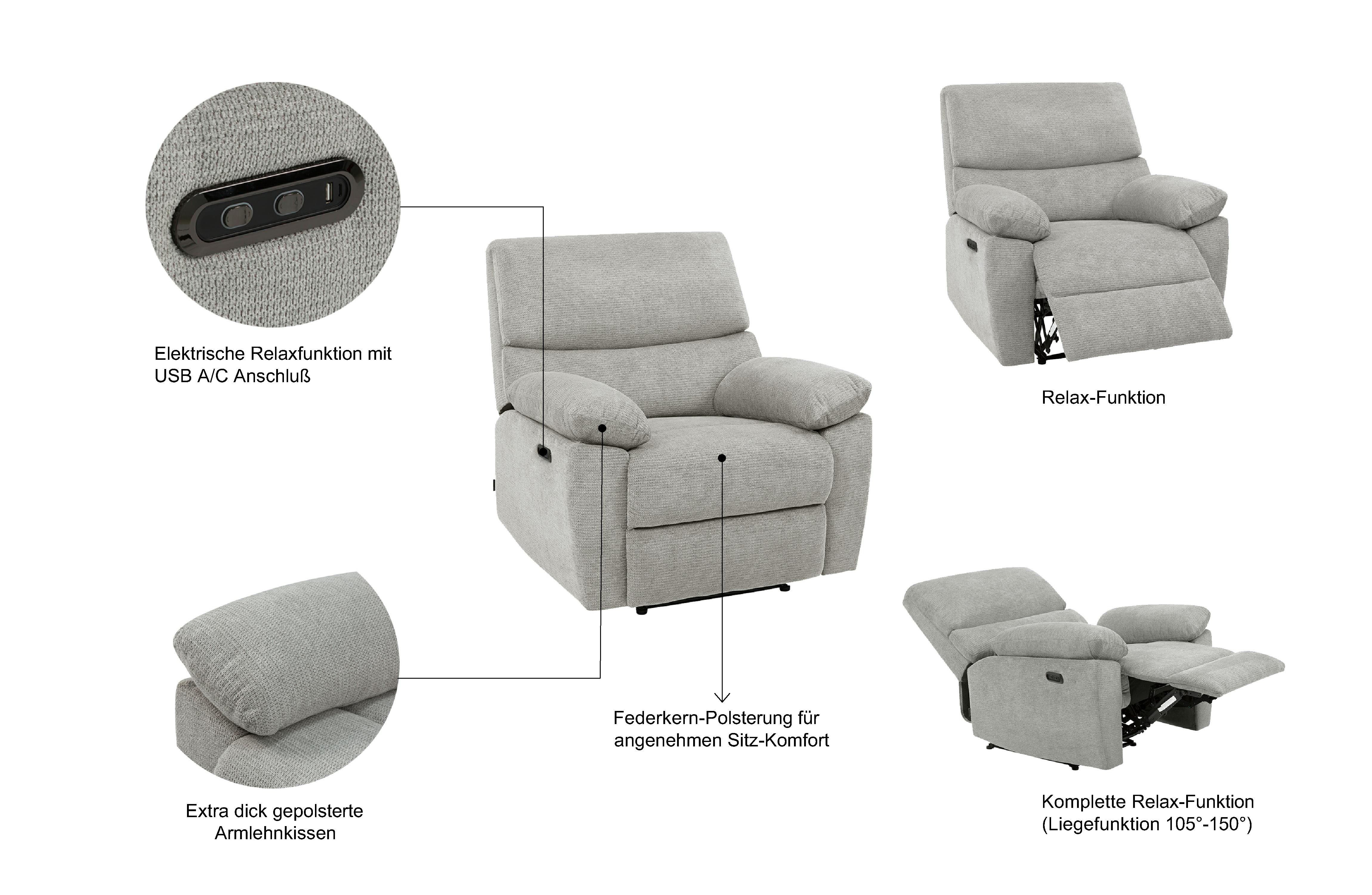 Home affaire Relaxsessel LANNOY, TV-Sessel, elektr. o. manuelle Relaxfunktion, USB A/C, Sessel mit Liegefunktion 105°-150°, Federkernpolsterung