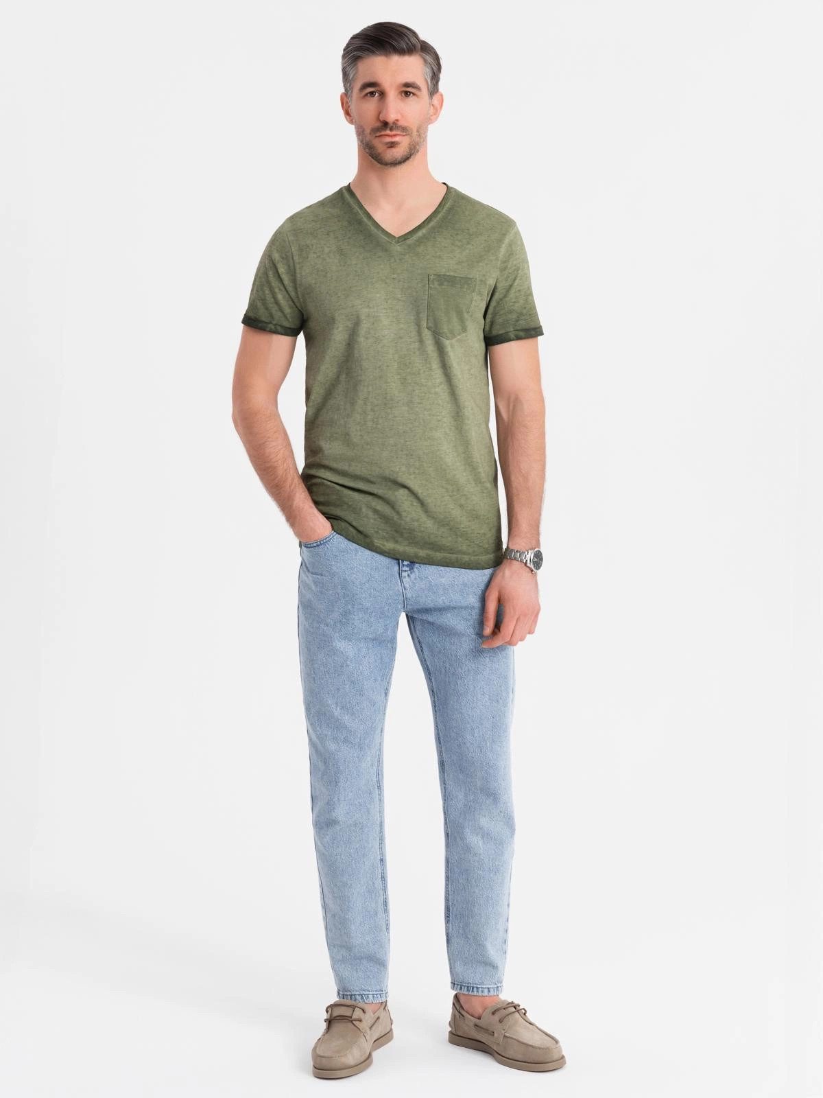 OMBRE Print-Shirt Herren-T-Shirt aus Baumwolle mit V-Ausschnitt und gewaschenem Effekt