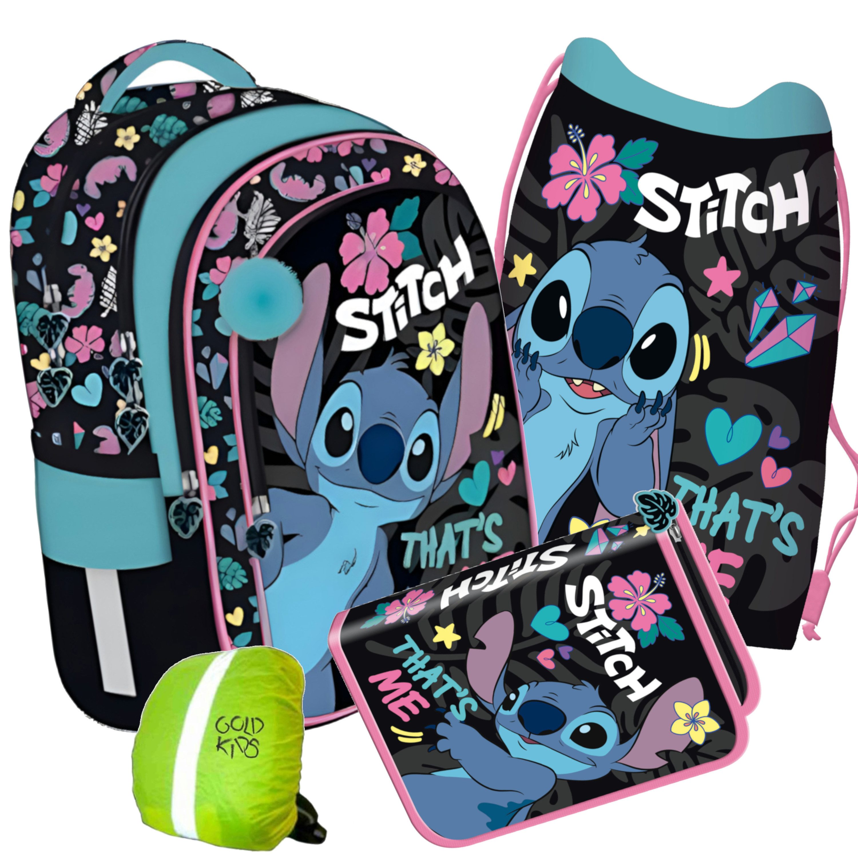 GOLDKIDS Schulranzen für Mädchen, 4er-Set (Schul-Rucksack für Kinder mit Federmäppchen, 1-tlg., - Schuhbeutel und Regenschutz), - Stitch Motiv