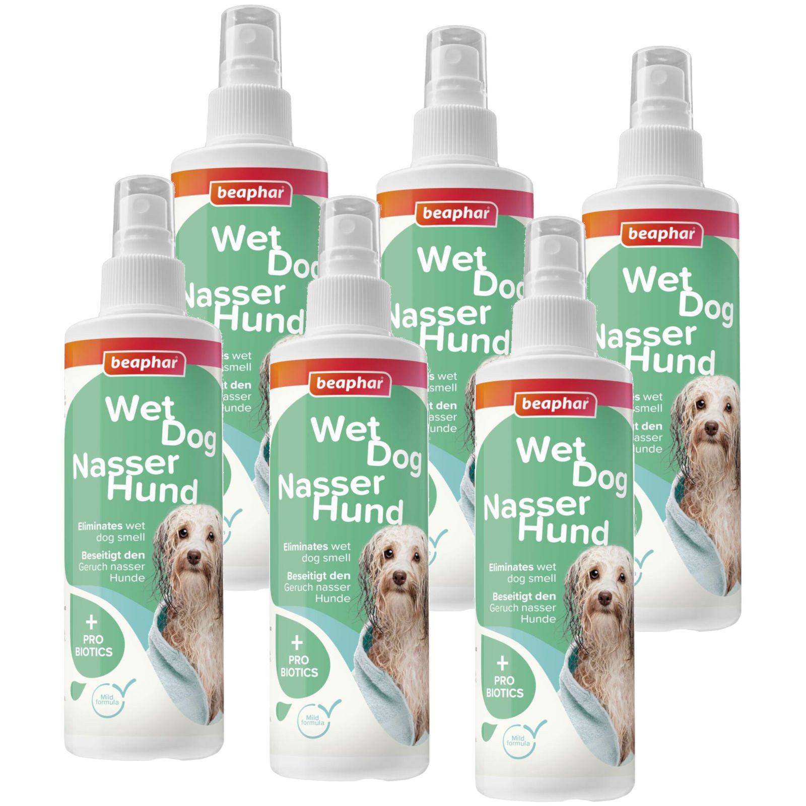 beaphar Geruchsentferner Nasser Hund Spray 6x 250 ml, neutralisiert den Geruch von Hunden