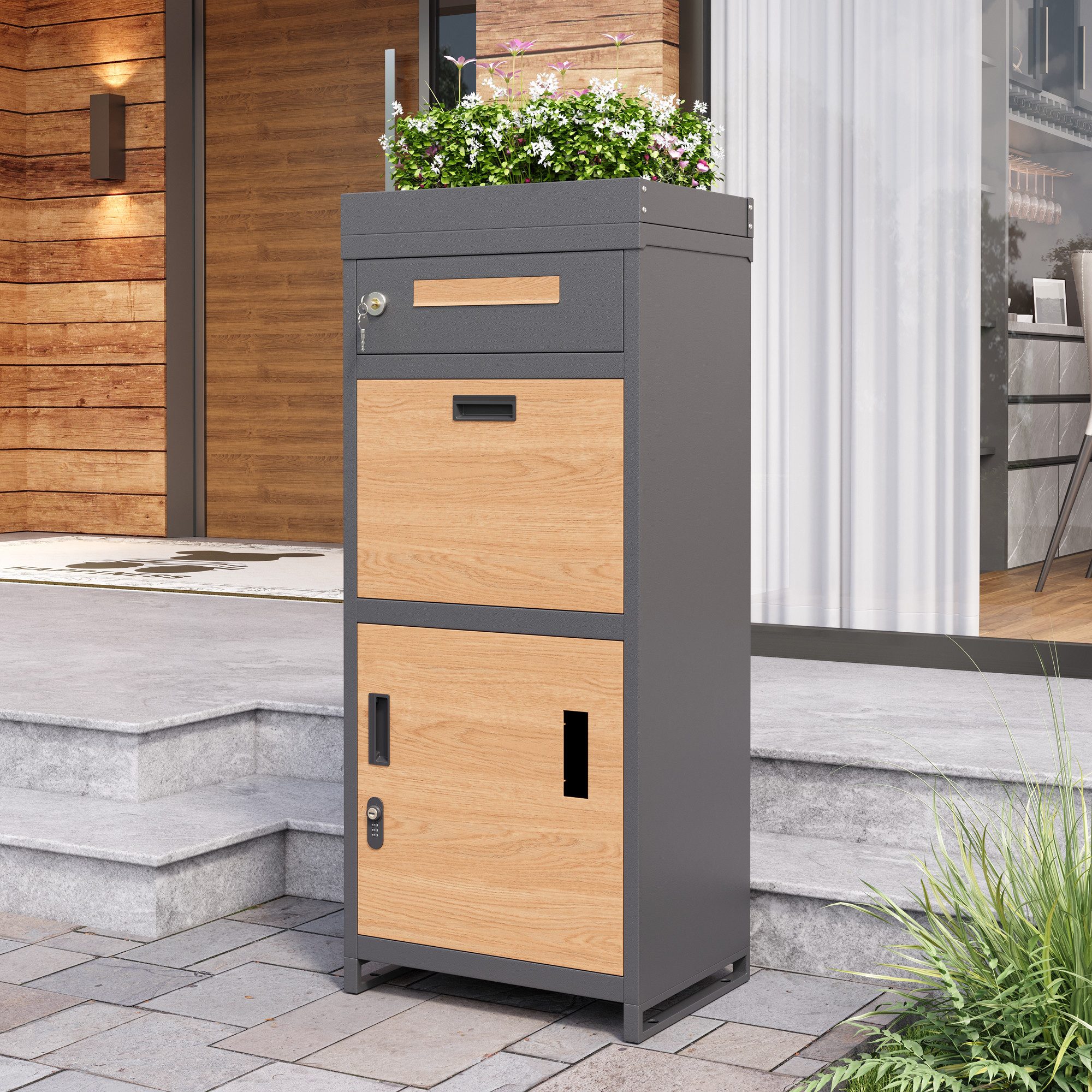 Refined Living Paketbriefkasten Paketbriefkasten mit Pflanzkasten, abschließbar, Stahl Outdoor (Standbriefkasten Outdoor 118,5 cm, Grau Holzoptik, verzinkter Stahl, wetterfest, rostfrei, mit Zahlenschloss, großes Fassungsvermögen, 1-St., integrierter Pflanzkasten, sichere Paketaufbewahrung), modernes Design für Hauseingang, Garten und Terrasse