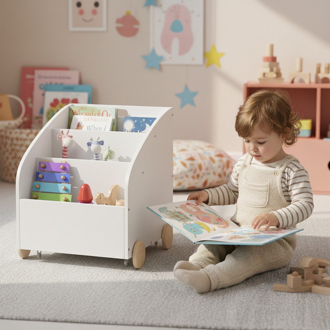 Bellabino Kinderregal Towy mit Rollen und Geheimfach, Spielzeugregal Bücherregal für Kinder mit Geheimfach auf der Rückseite, 3 Ablagefächer für Bücher & Spielzeug