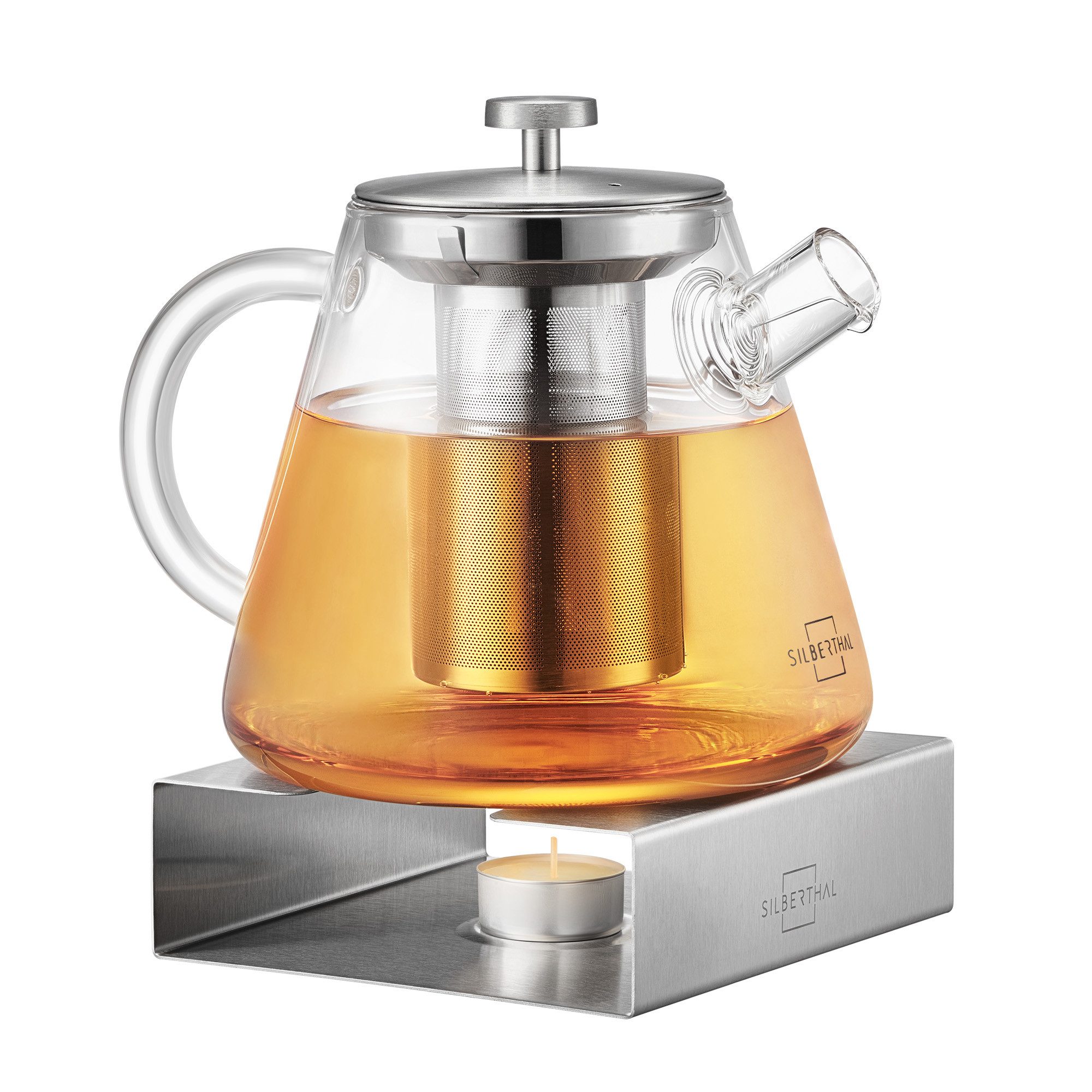 SILBERTHAL Teekanne mit Stövchen Set, 1.5 l, (Kanne Glas mit Siebeinsatz und Teewärmer), Teelichthalter für stundenlangen Teegenuss