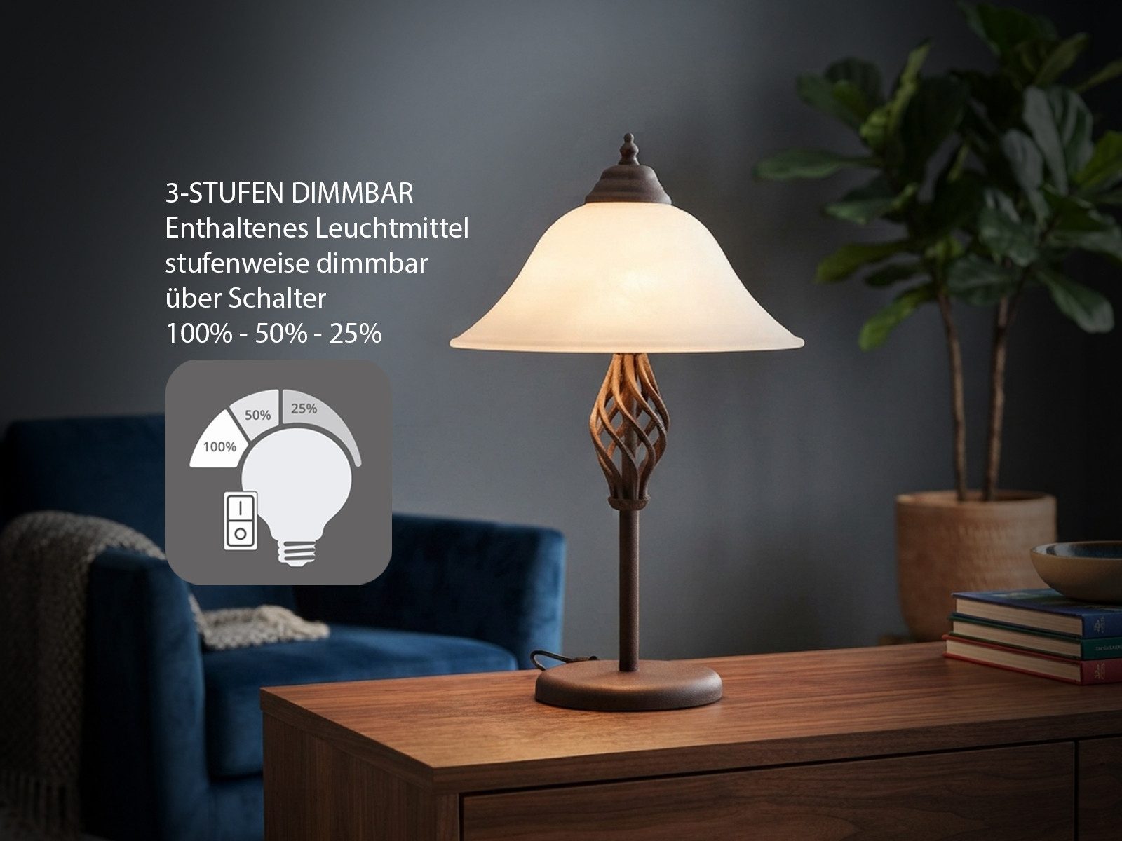 TRIO Leuchten LED Tischleuchte Rostoptik mit Glasschirm, Höhe 50cm, dimmbar, LED wechselbar, Warmweiß, große Tischleuchte Landhaus-Stil, Nachttisch-Lampe rustik – Bild 4 von 5