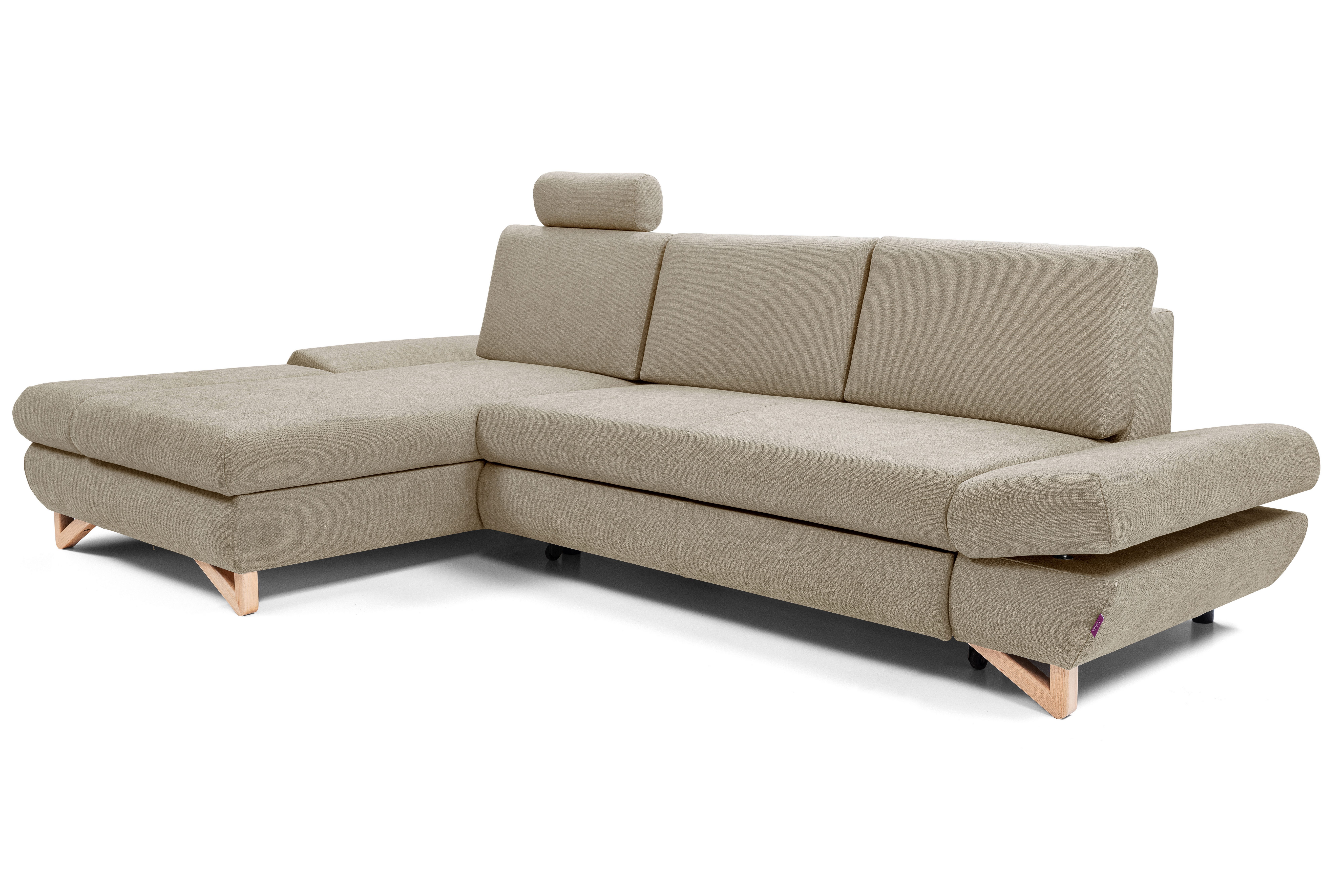 Goldstoff Ecksofa "LUCIA" mit Schlaffunktion und Bettkasten; Modernes Schlafsofa, 1 Teile, L Sofa Couch mit Relaxfunktion, verstellbaren Kopfstützen