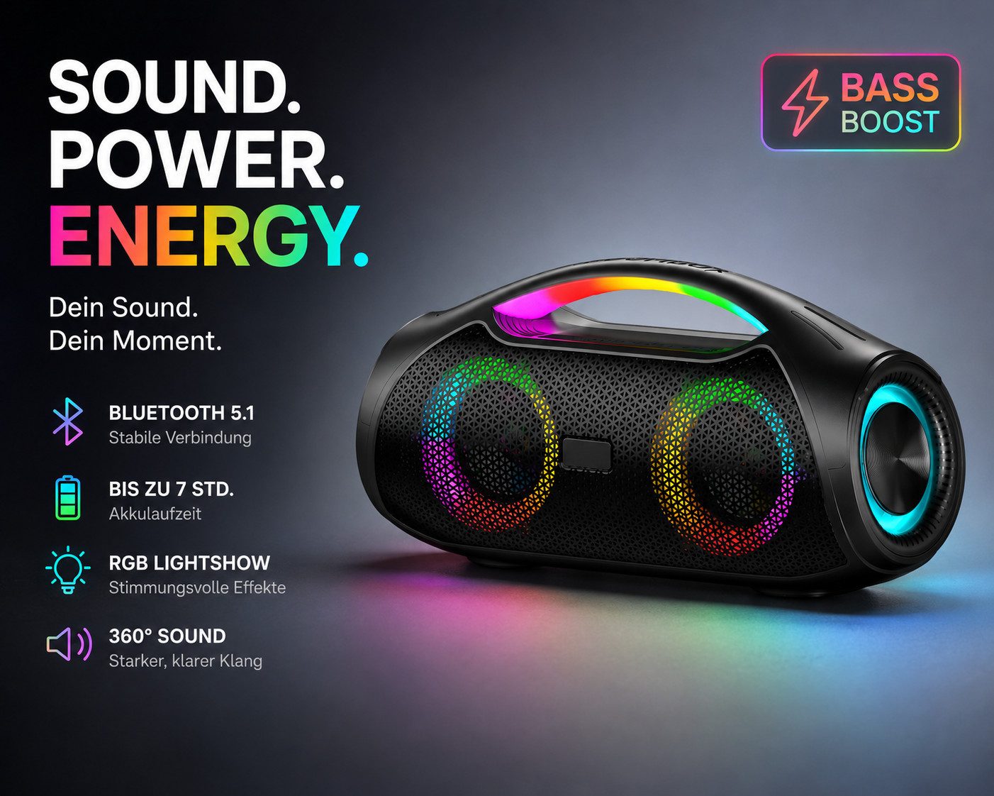 JTC-24 LED Bluetooth BoomBox30, 30W Stereo, RGB LED Beleuchtung Portable-Lautsprecher (30 W, 30 Watt Stereo Sound, Bluetooth, USB, AUX, microSD, LED Beleuchtung)