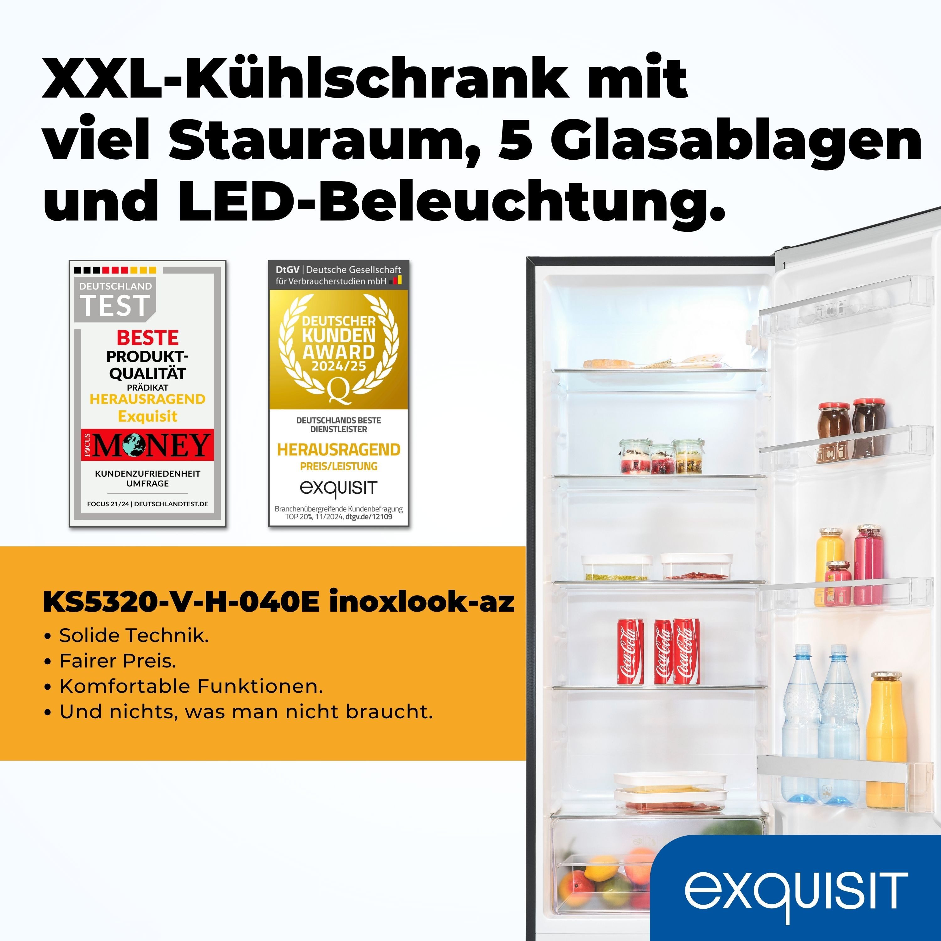 exquisit Vollraumkühlschrank KS320-V-H-040E, 142.6 cm hoch, 54.4 cm breit, XL-Kühlschrank mit reichlich Platz für Ihr Kühlgut