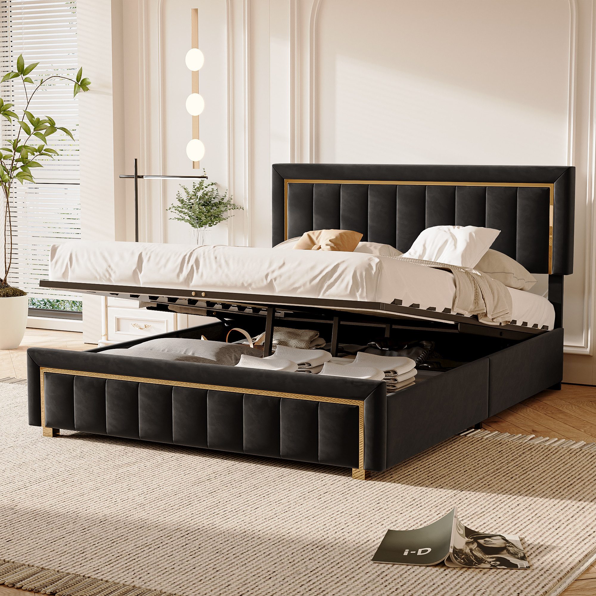 Furnishings Home Polsterbett Stauraumbett Doppelbett (Set, Hydraulisch anhebbarer Bettstauraum), Mit Stauraum, Lattenrost, Modernes, Samtbezug, 140x200 cm