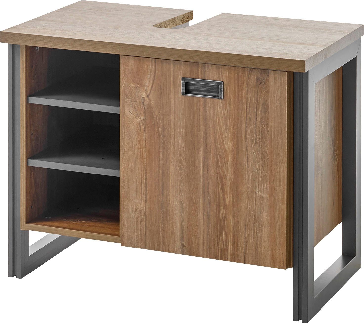 Home affaire Waschbeckenunterschrank Detroit, Waschtisch mit Apothekergriff, Badschrank im Industrialdesign Eiche Dekor, mit offenen Fächern & Stauraum, Breite 81 cm