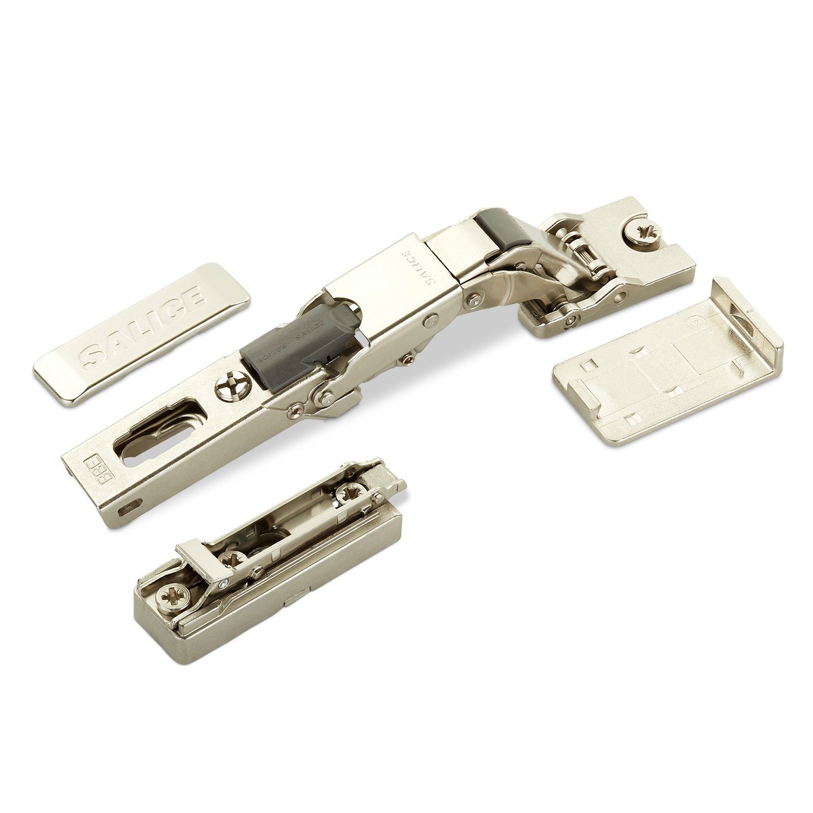 Salice Möbelbeschlag 2er Set Salice Universalscharnier 110° gedämpft oder ungedäm (2 St), für Glastüren, mit Montageplatte und Scharnierarmabdeckung