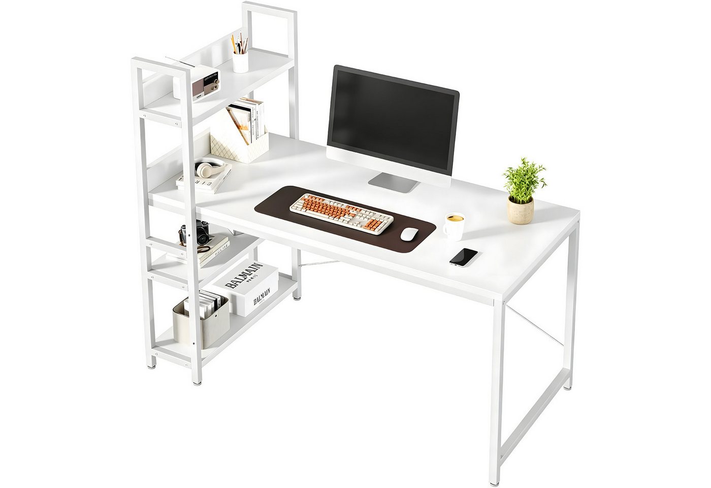 SURFOU Schreibtisch Bürotisch mit Seitlichem Regal & Verstellbaren Füßen, Computertisch mit Ablagefläche, Einfacher Montage Gaming Tisch