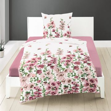 Bettwäsche Baumwolle, Traumschloss, Seersucker, 2 teilig, mit frischen Blumen in rosa auf weißem Hintergrund