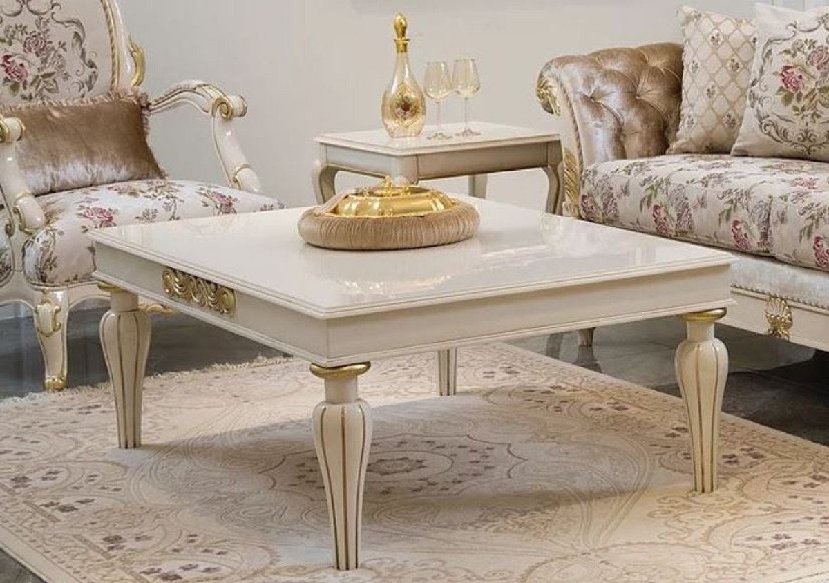 Casa Padrino Couchtisch Luxus Barock Couchtisch Weiß / Gold 125 x 90 x H. 47 cm - Eleganter Massivholz Wohnzimmertisch im Barockstil - Barock Möbel
