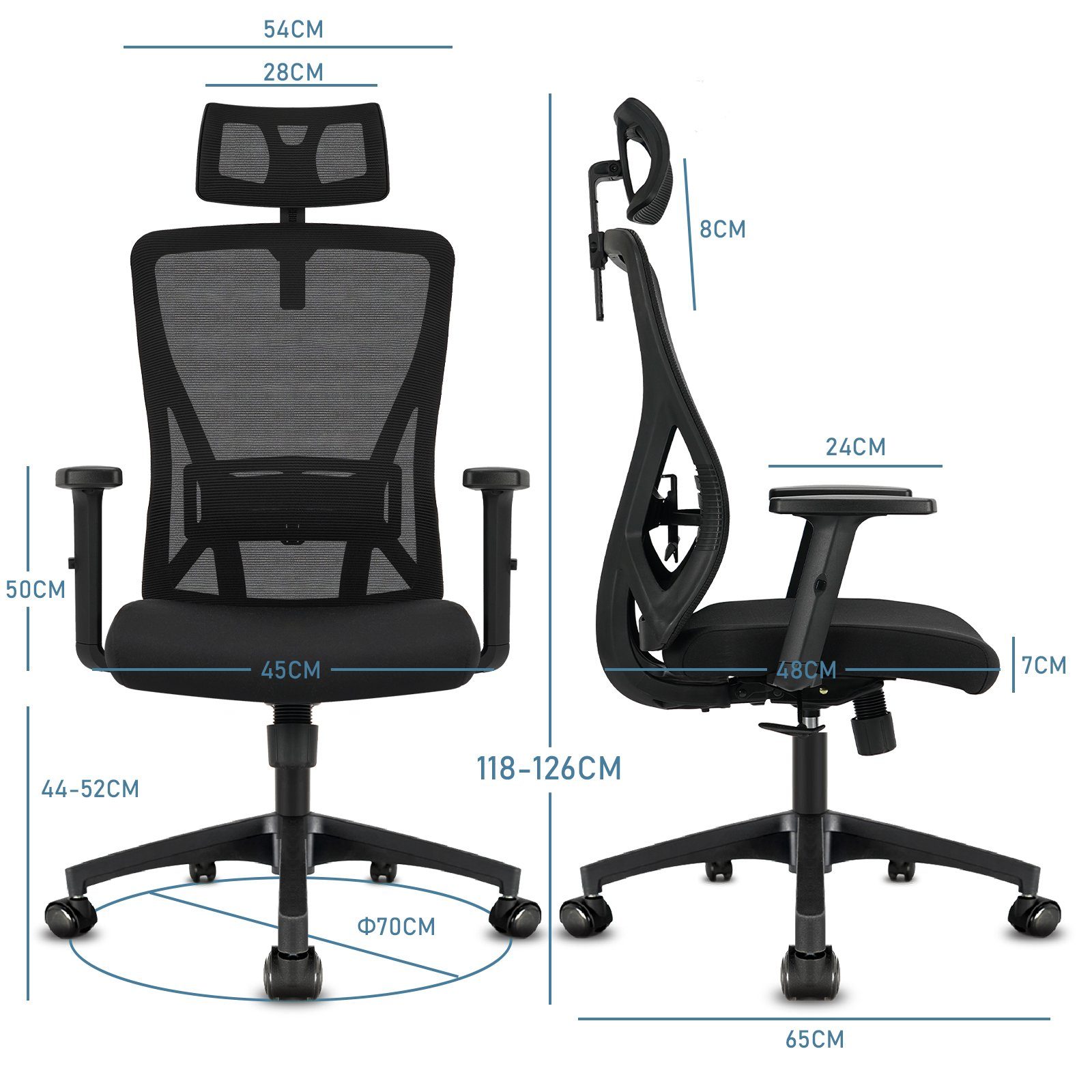 Durrafy Chefsessel ergonomischer Bürostuhl, Schwarz-B belastbar, 150KG Bürostuhl Kippfunktion, 90°-130° Chefsessel,Drehstuhl, Computerstuhl