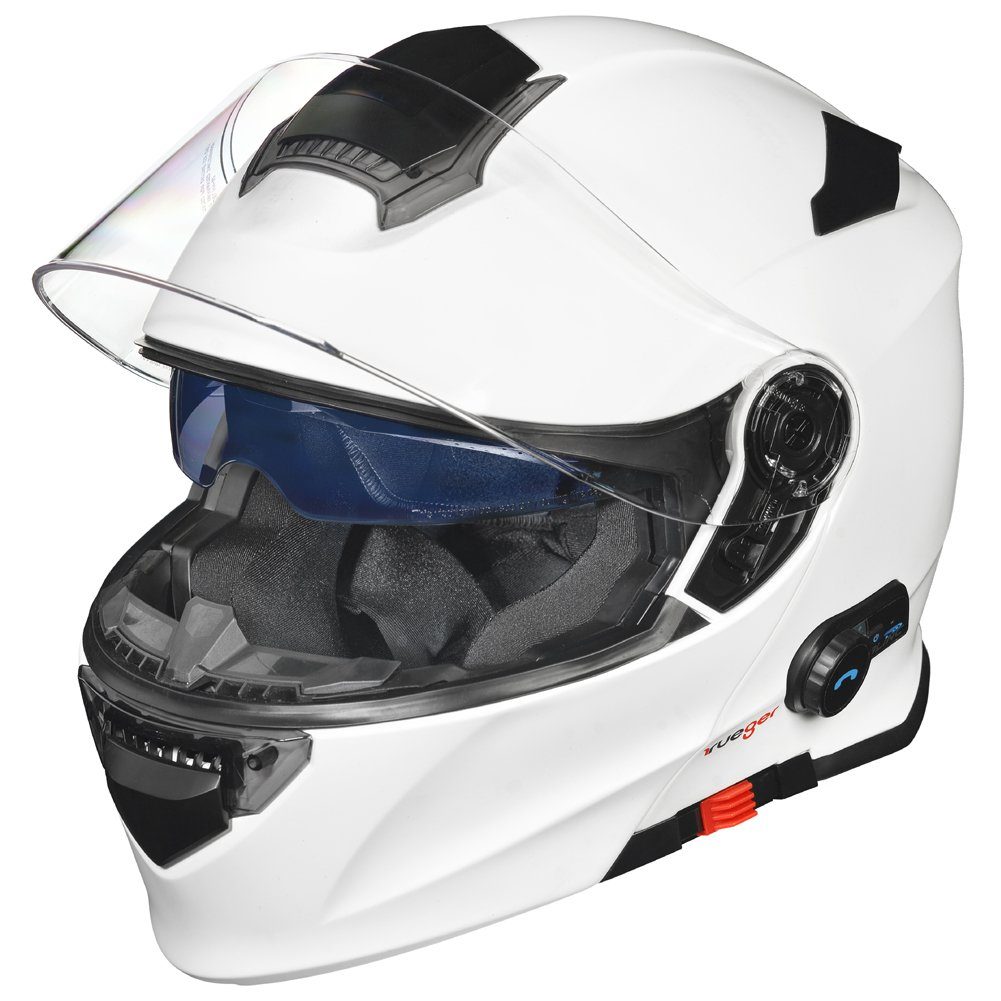 rueger-helmets Motorradhelm Bluetooth Intercom Sprechanlage Headset T-Com Klapphelm Jethelm Crosshem Integralhelm RS-983COM Matt/Weiß XXL Klapphelm
