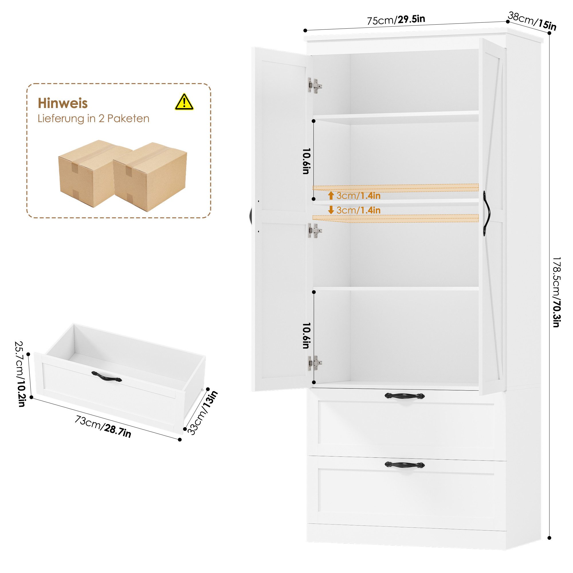 HOMECHO Küchenbuffet mit 2 Türen und 2 Schubladen und Verstellbare Ablage