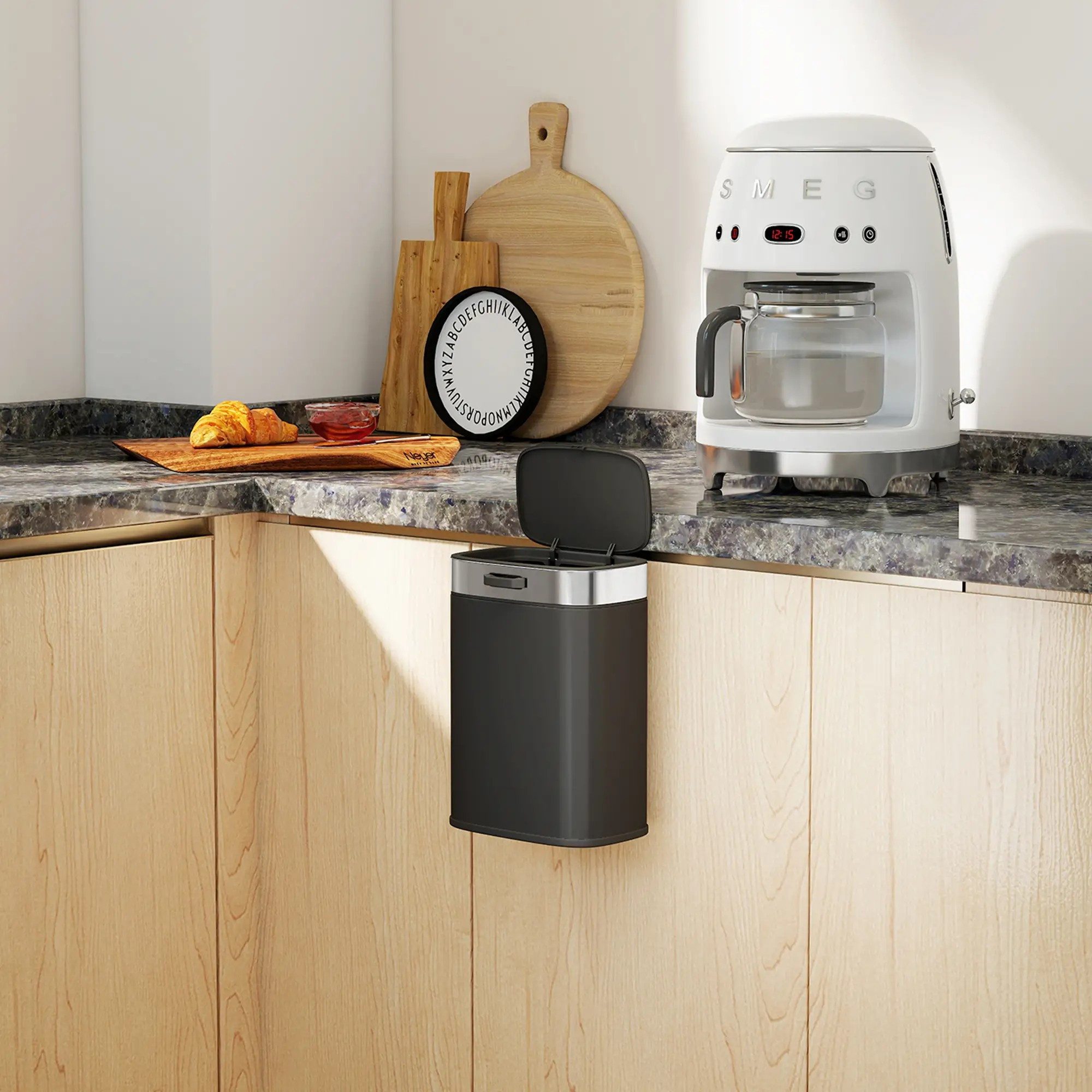 BlingBin Mülleimer Hängend 5 L Treteimer mit Druck-Öffnen Feststelldeckel Abfalleimer, inkl. abnehmbar Inneneimer Abfallsammler, Edelstahl