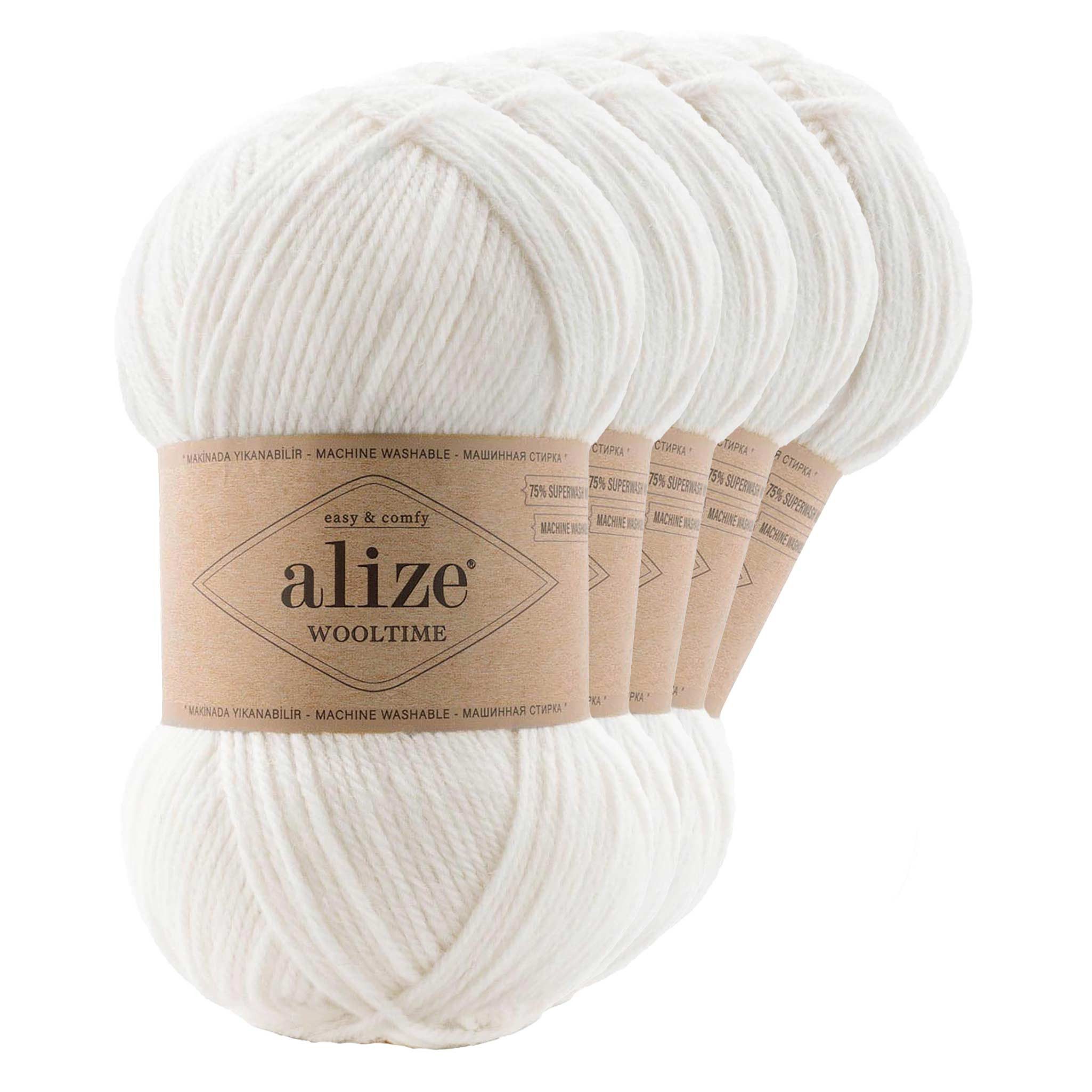 Alize 5 x 100g Sockenwolle Alize Wooltime Strickgarn Häkelgarn Farbwahl Häkelwolle, 55 weiß
